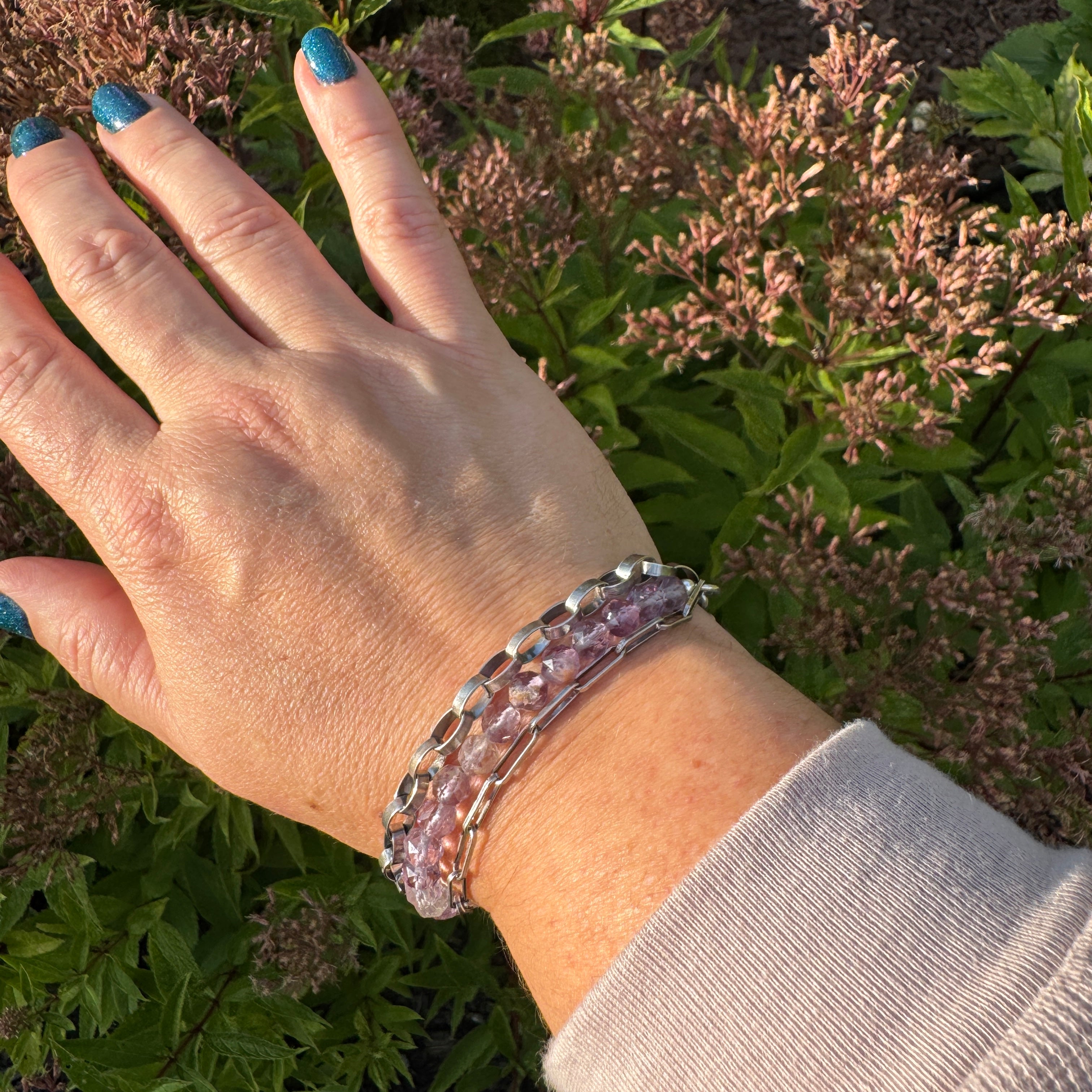 Super Seven & Sterling Silver Triple Strand Bracelet