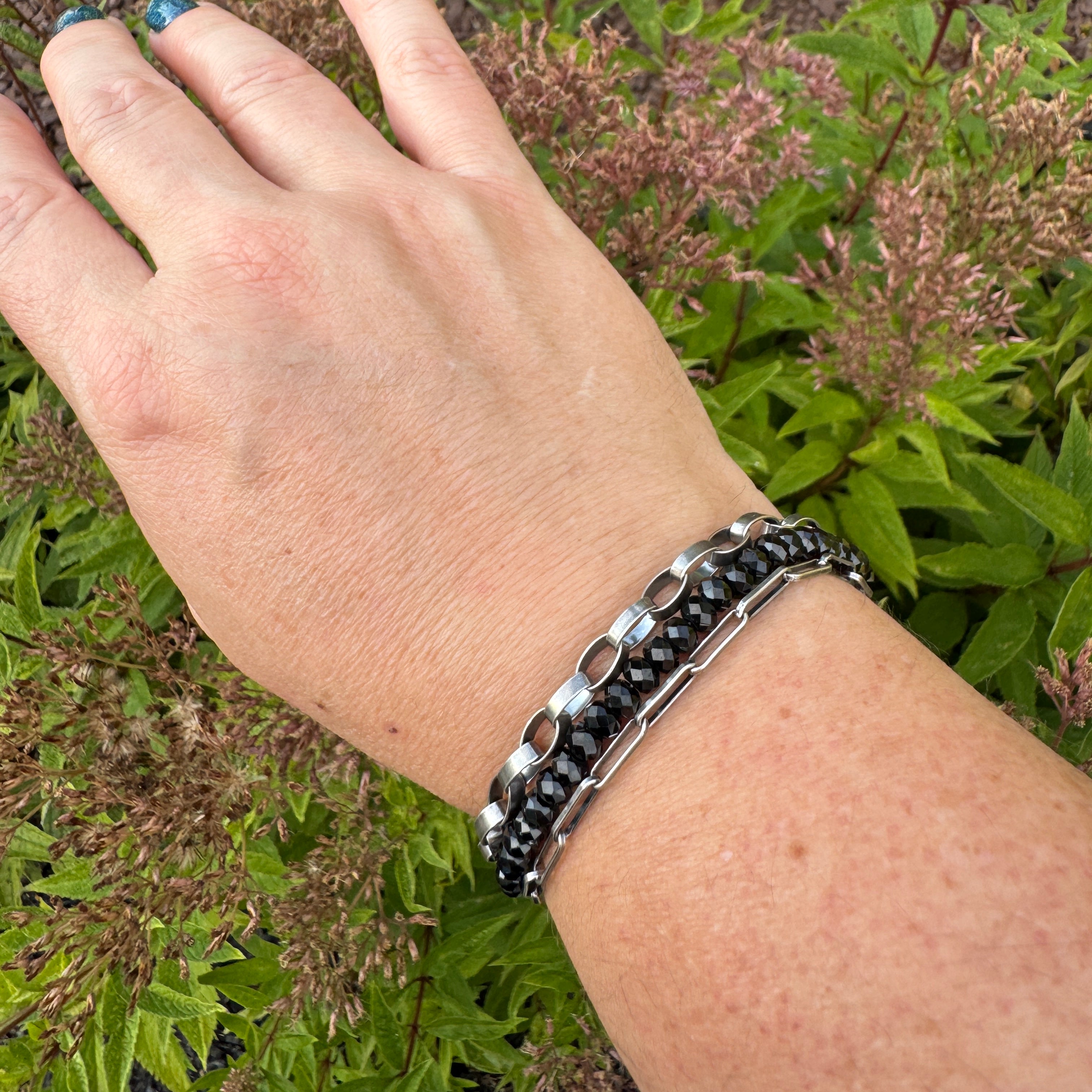 Black Spinel & Sterling Silver Triple Strand Bracelet