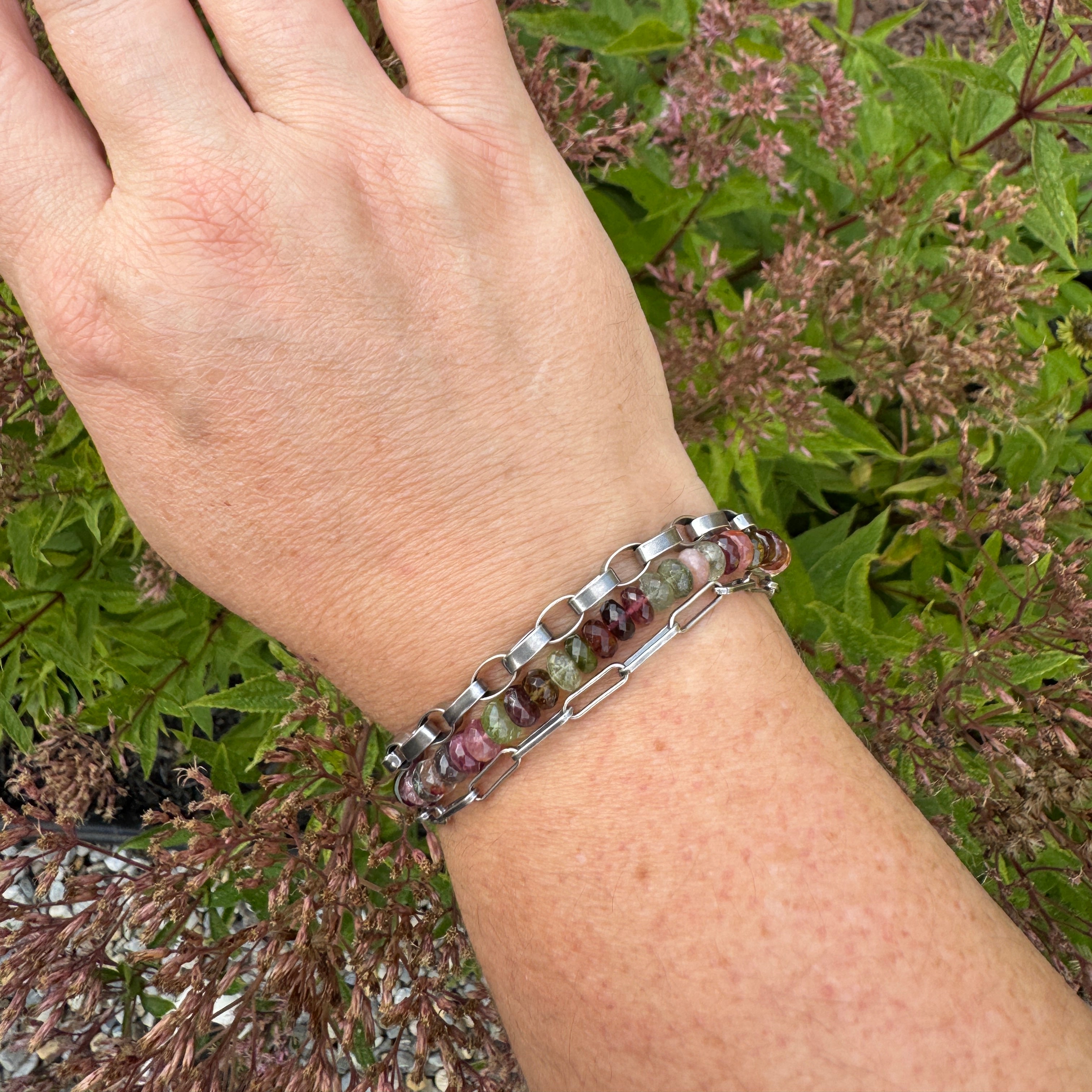 Multi-Colored Tourmaline & Sterling Silver Triple Strand Bracelet