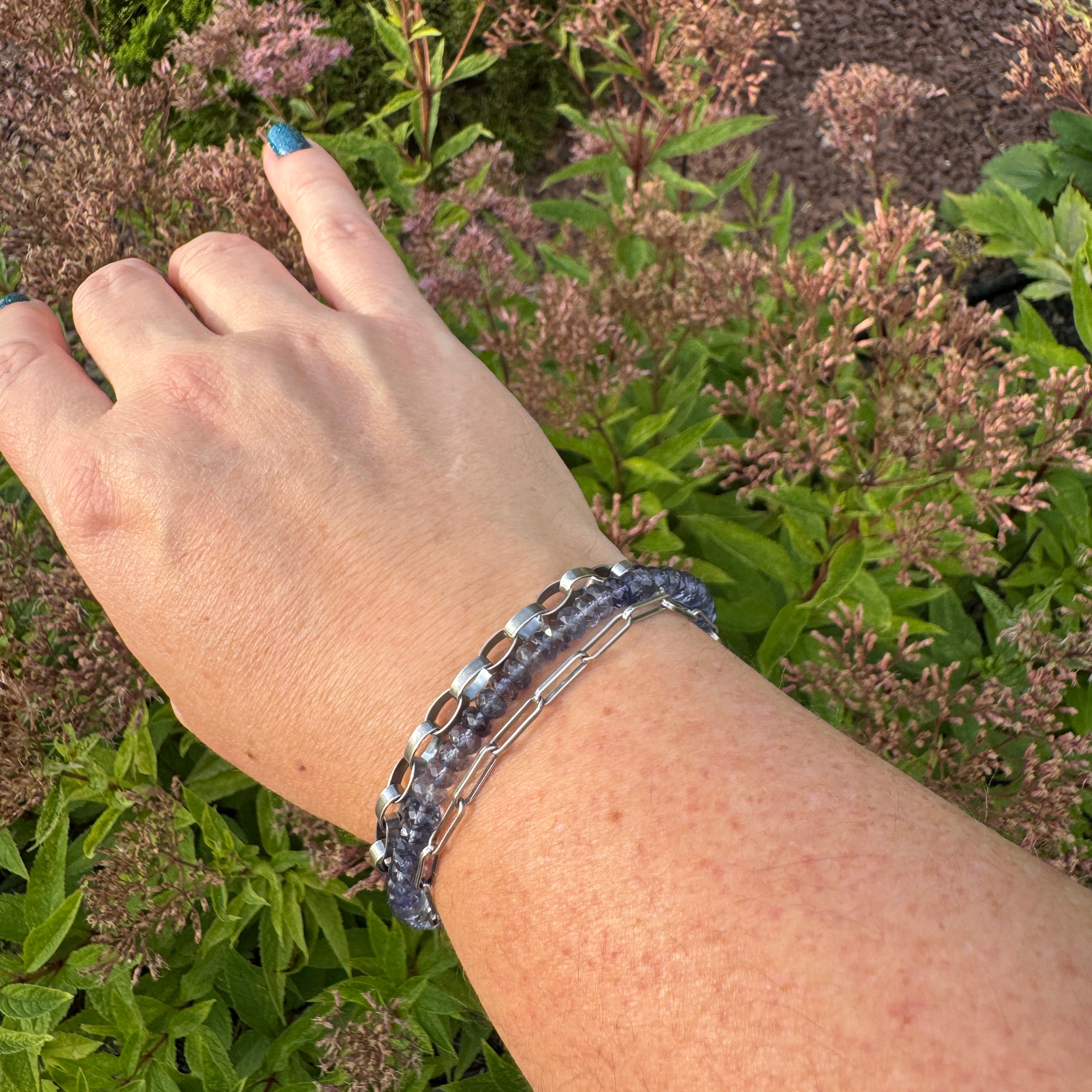 Blue Violet Iolite & Sterling Silver Triple Strand Bracelet