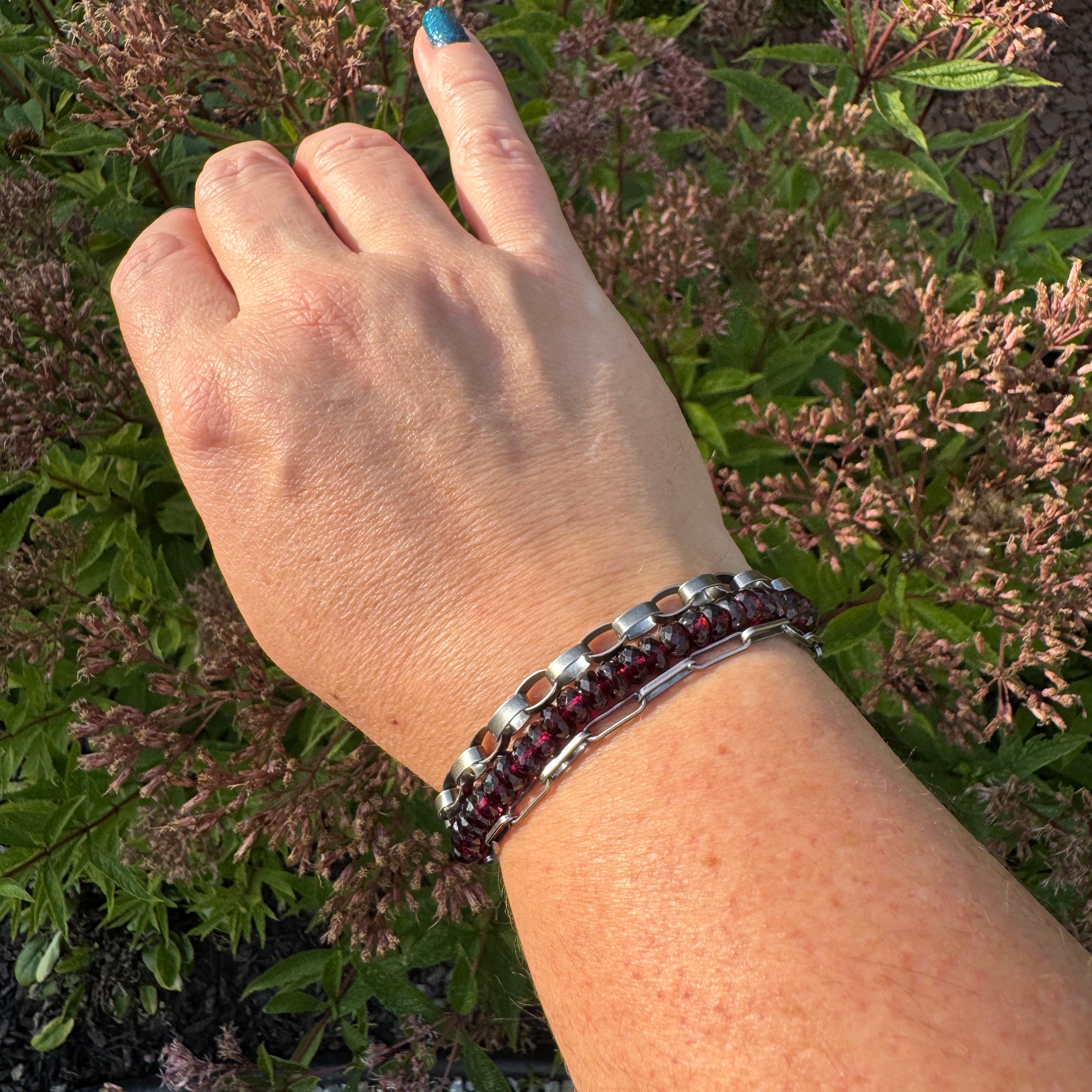 Garnet & Sterling Silver Triple Strand Bracelet