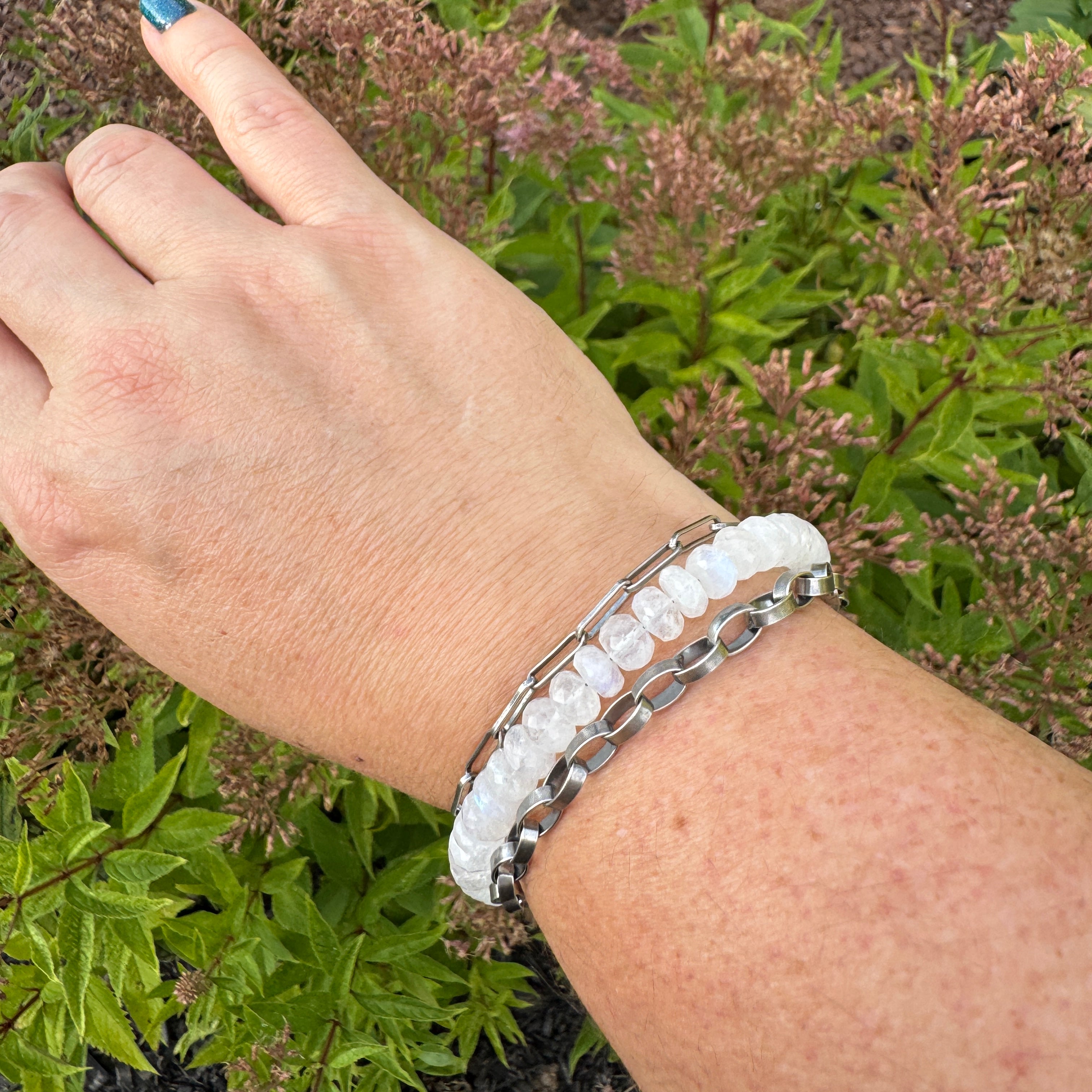 Rainbow Moonstone & Sterling Silver Triple Strand Bracelet
