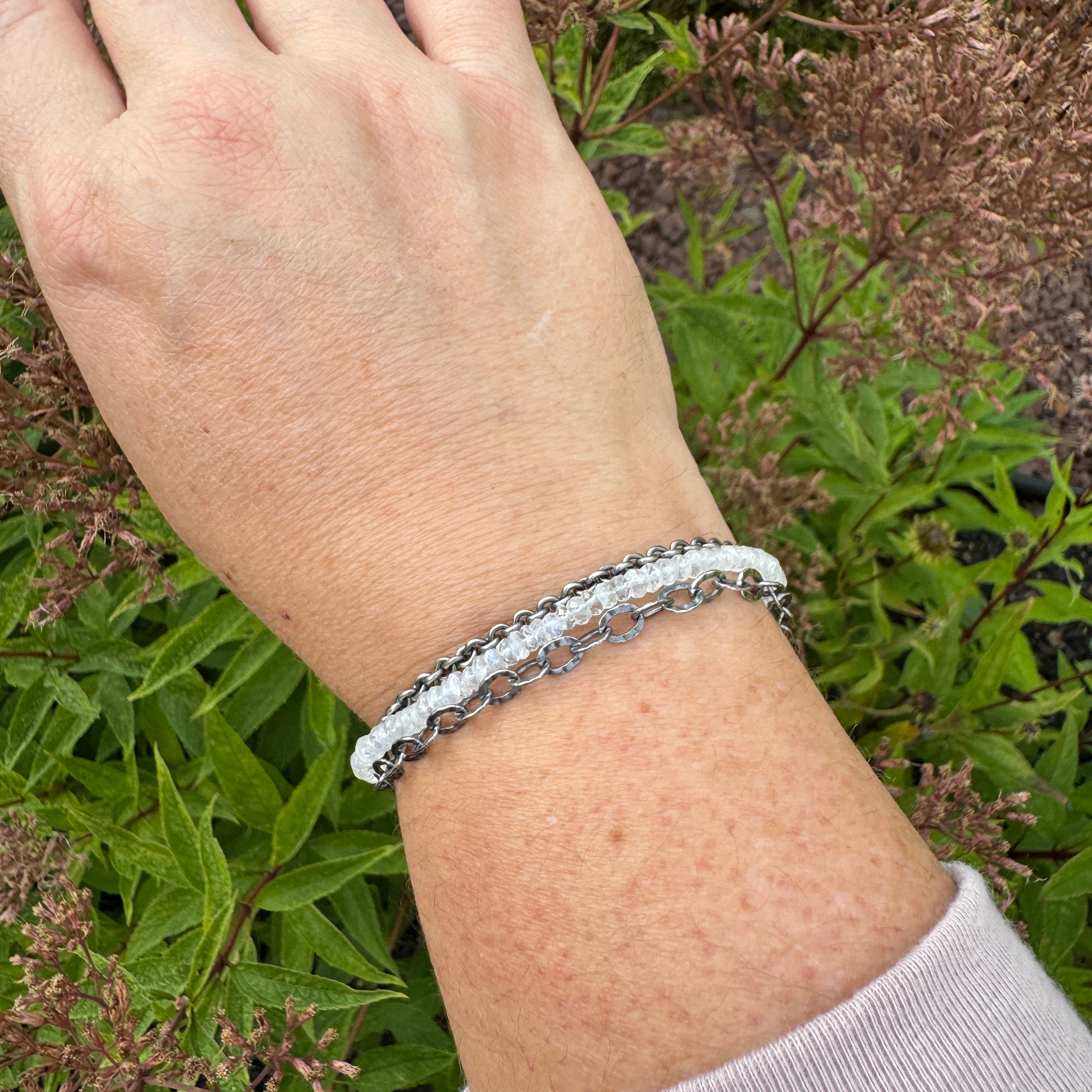 Rainbow Moonstone & Sterling Silver Triple Strand Bracelet