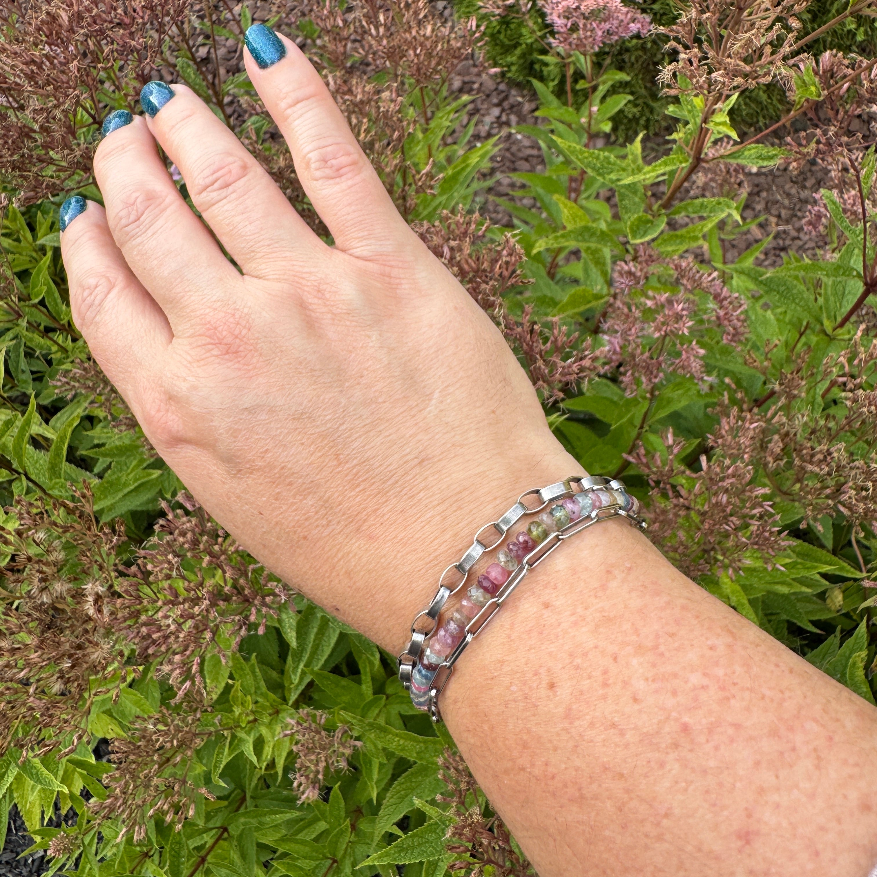 Multi-Colored Sapphire & Sterling Silver Triple Strand Bracelet