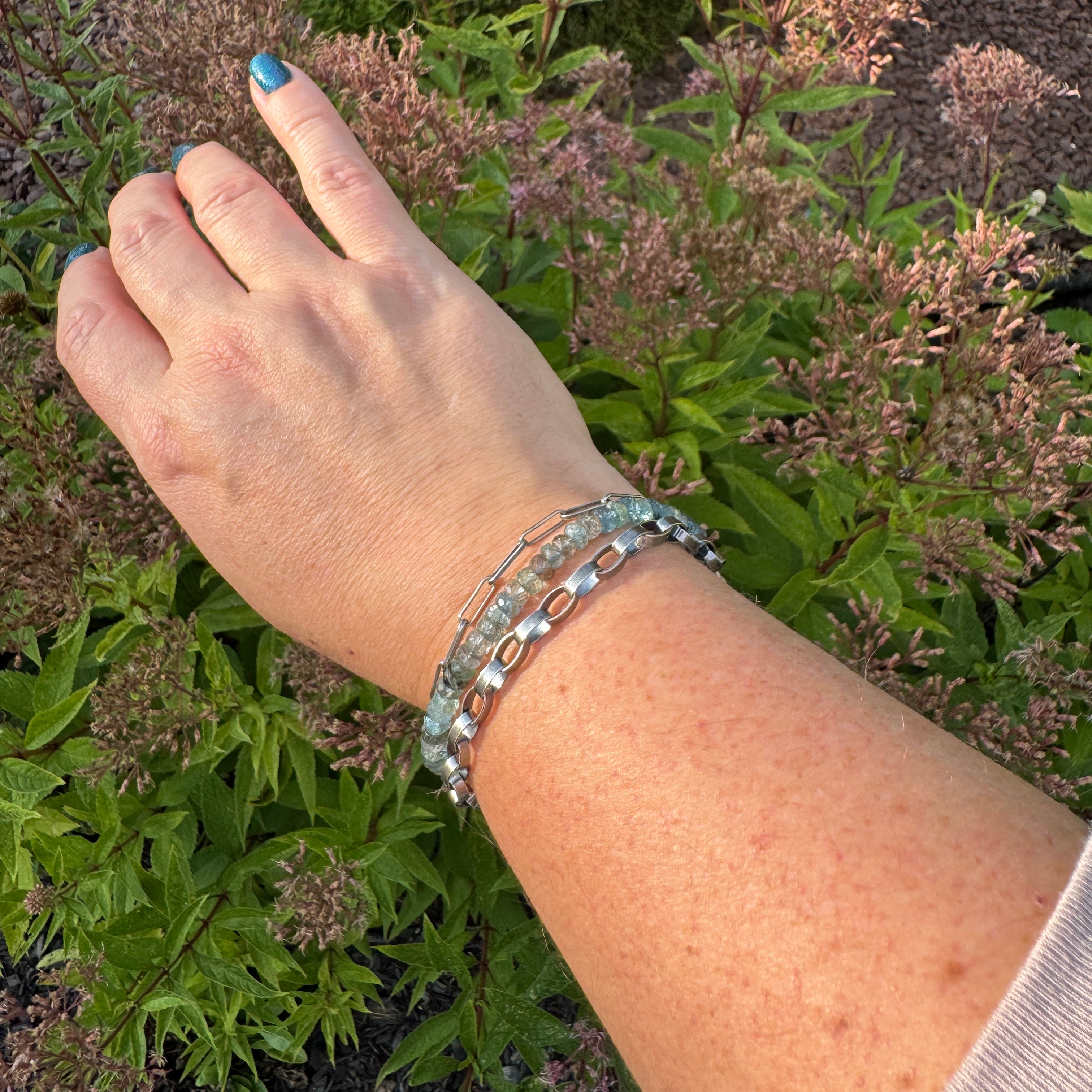 Moss Aquamarine & Sterling Silver Triple Strand Bracelet