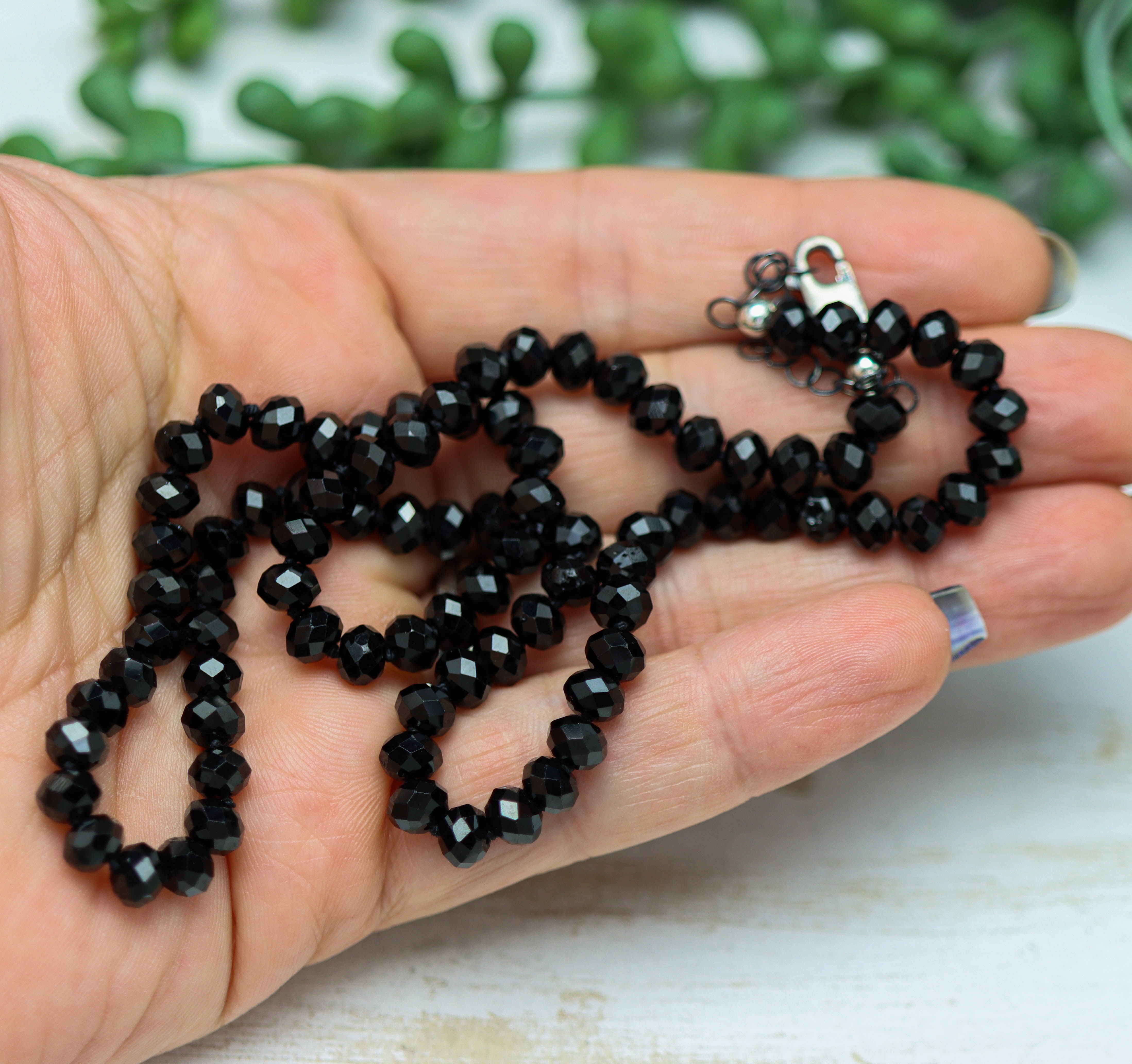 Sparkly Black Spinel Hand Knotted Bead Necklace Sterling Silver 18 inch