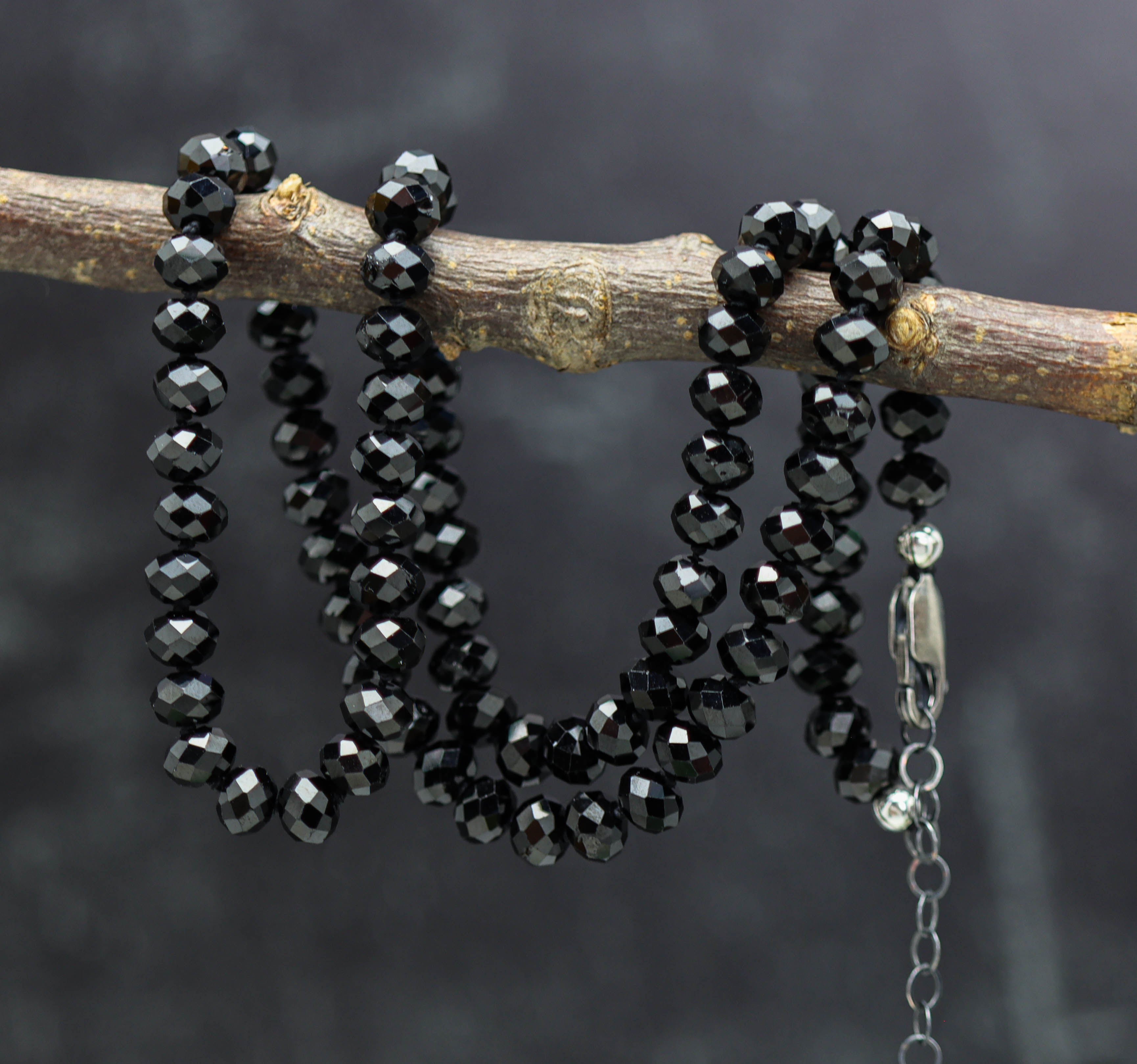 Sparkly Black Spinel Hand Knotted Bead Necklace Sterling Silver 18 inch