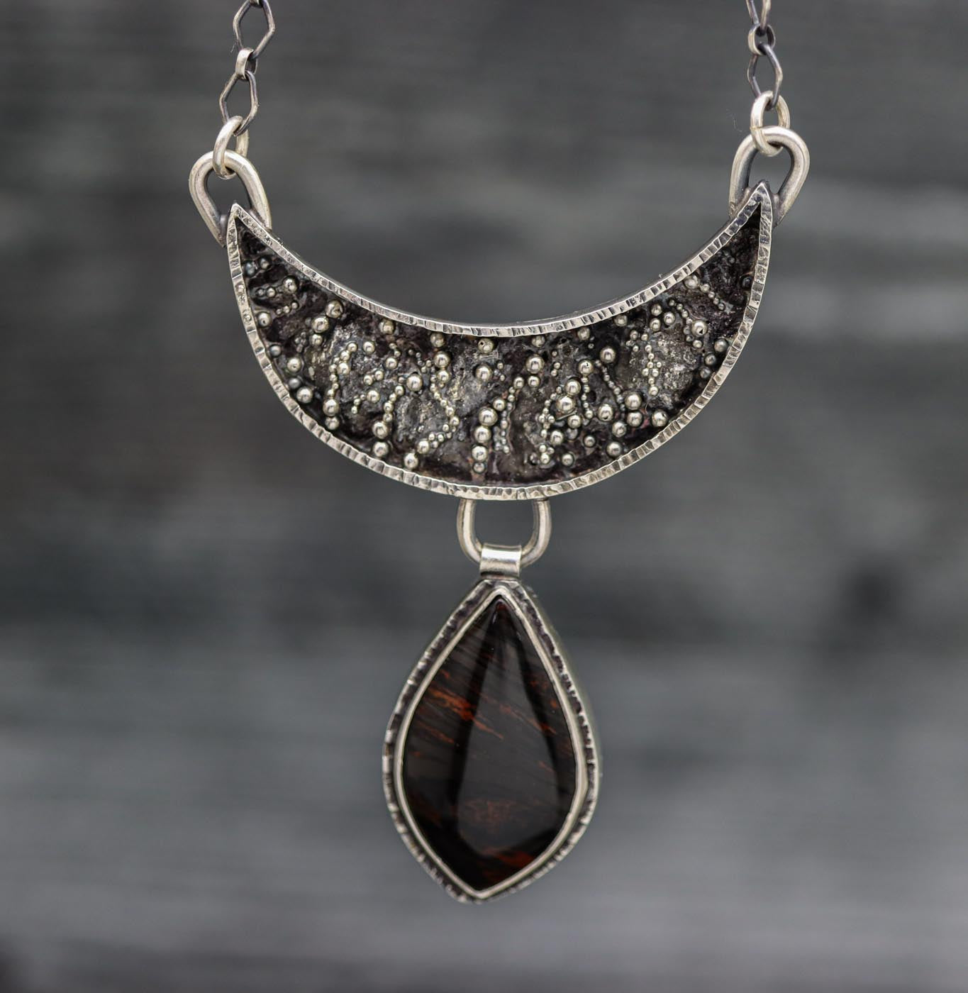 Mahogany Obsidian Crescent Pendant Sterling Silver Necklace