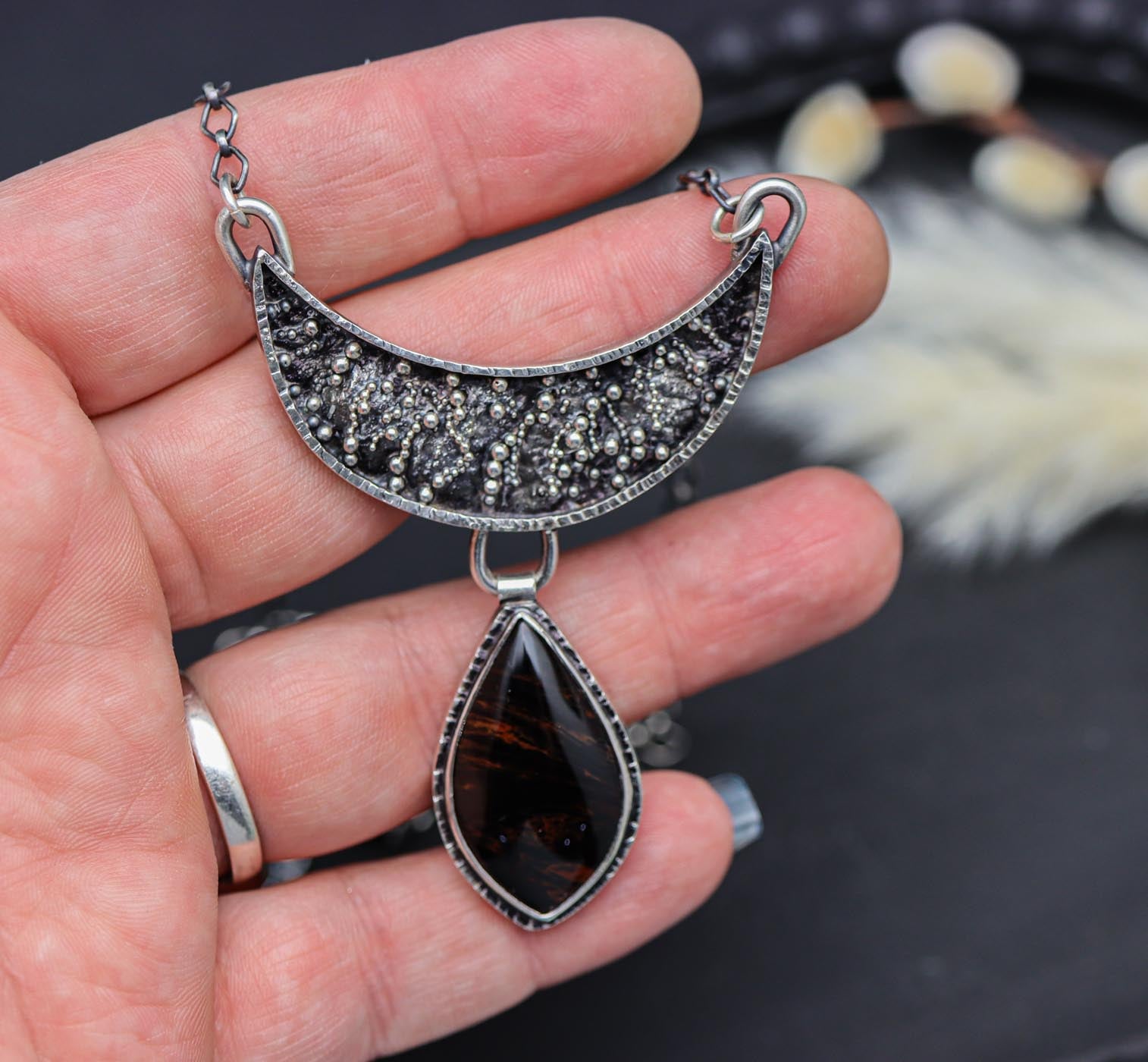 Mahogany Obsidian Crescent Pendant Sterling Silver Necklace