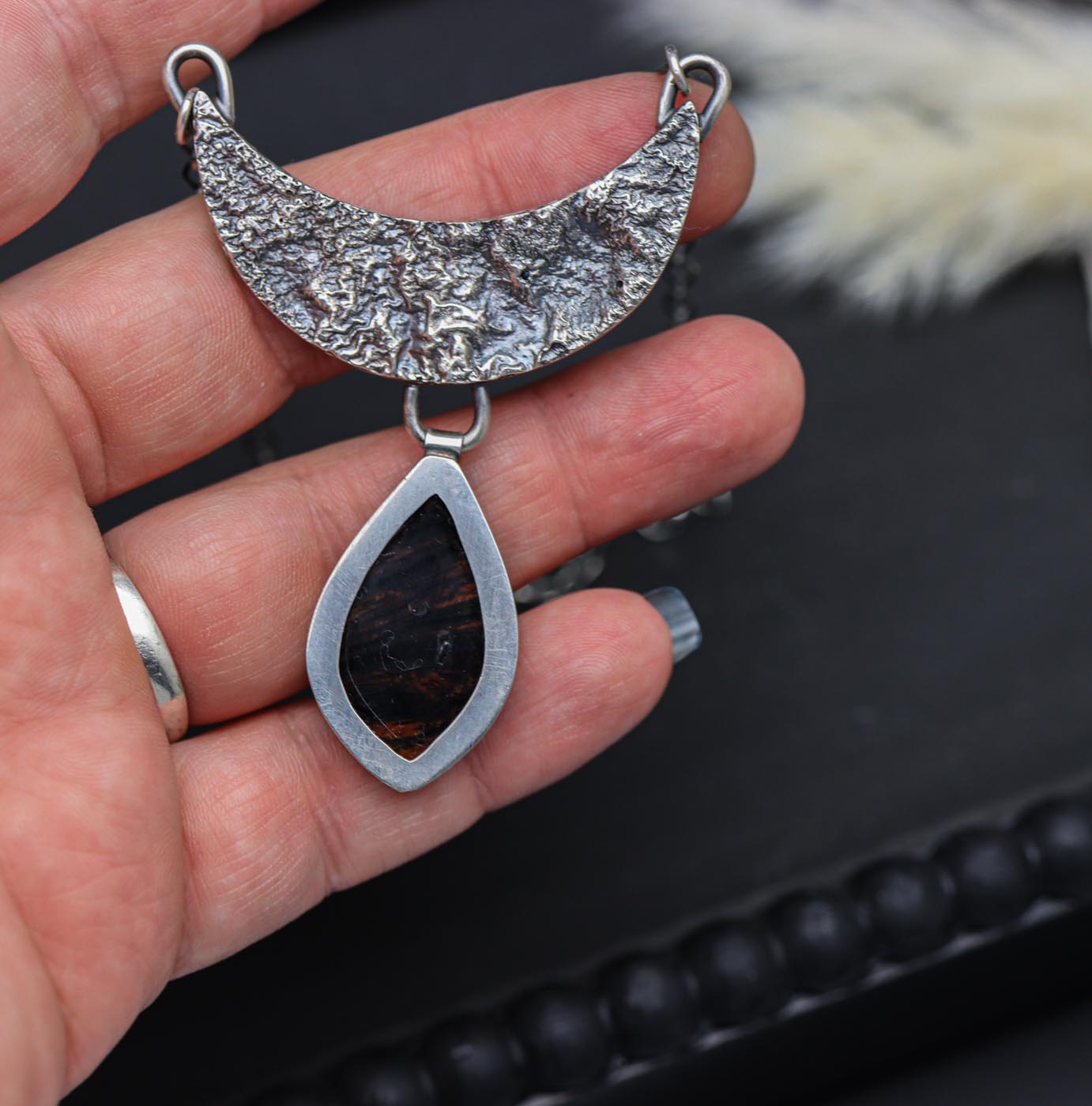 Mahogany Obsidian Crescent Pendant Sterling Silver Necklace