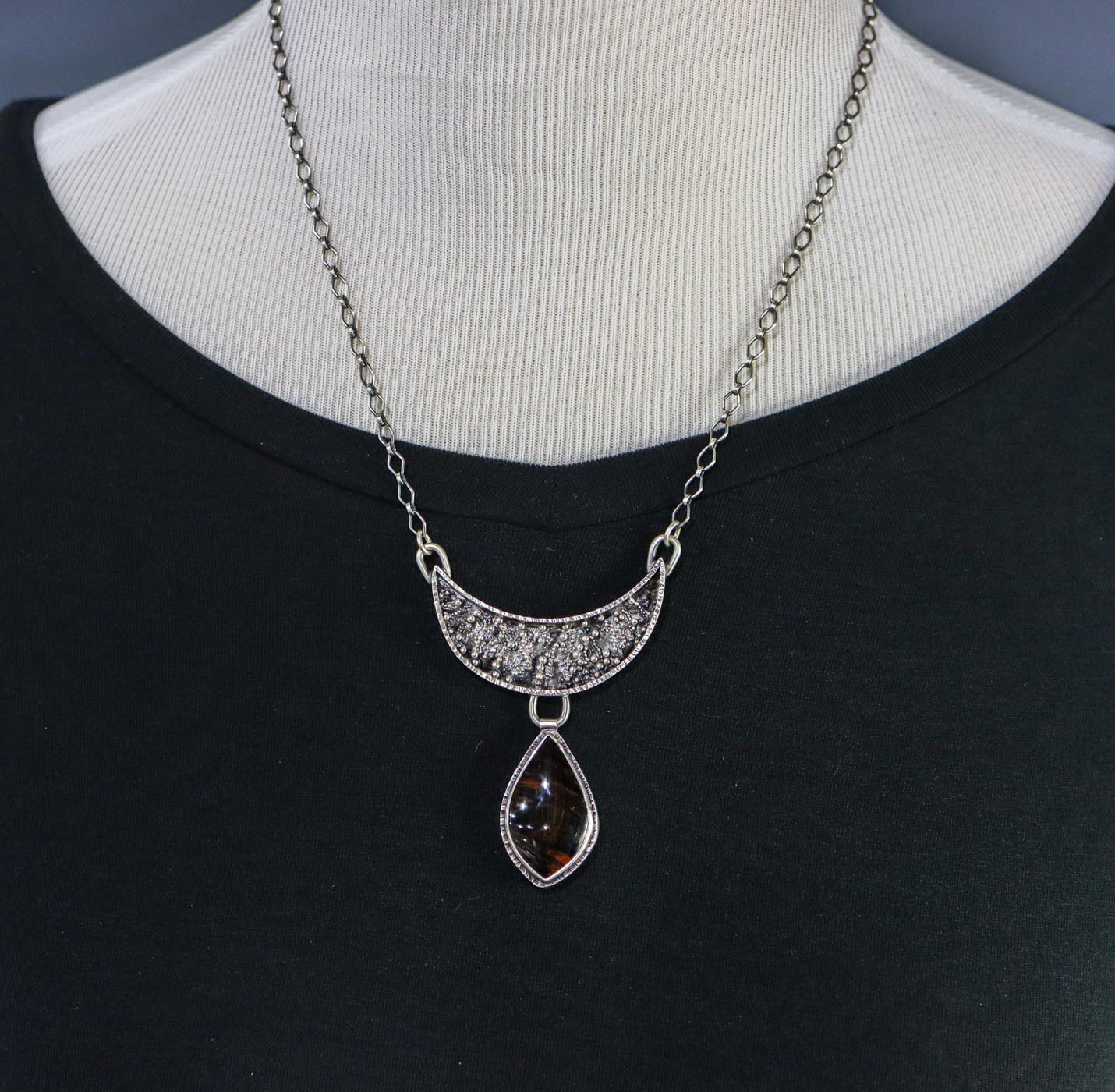 Mahogany Obsidian Crescent Pendant Sterling Silver Necklace