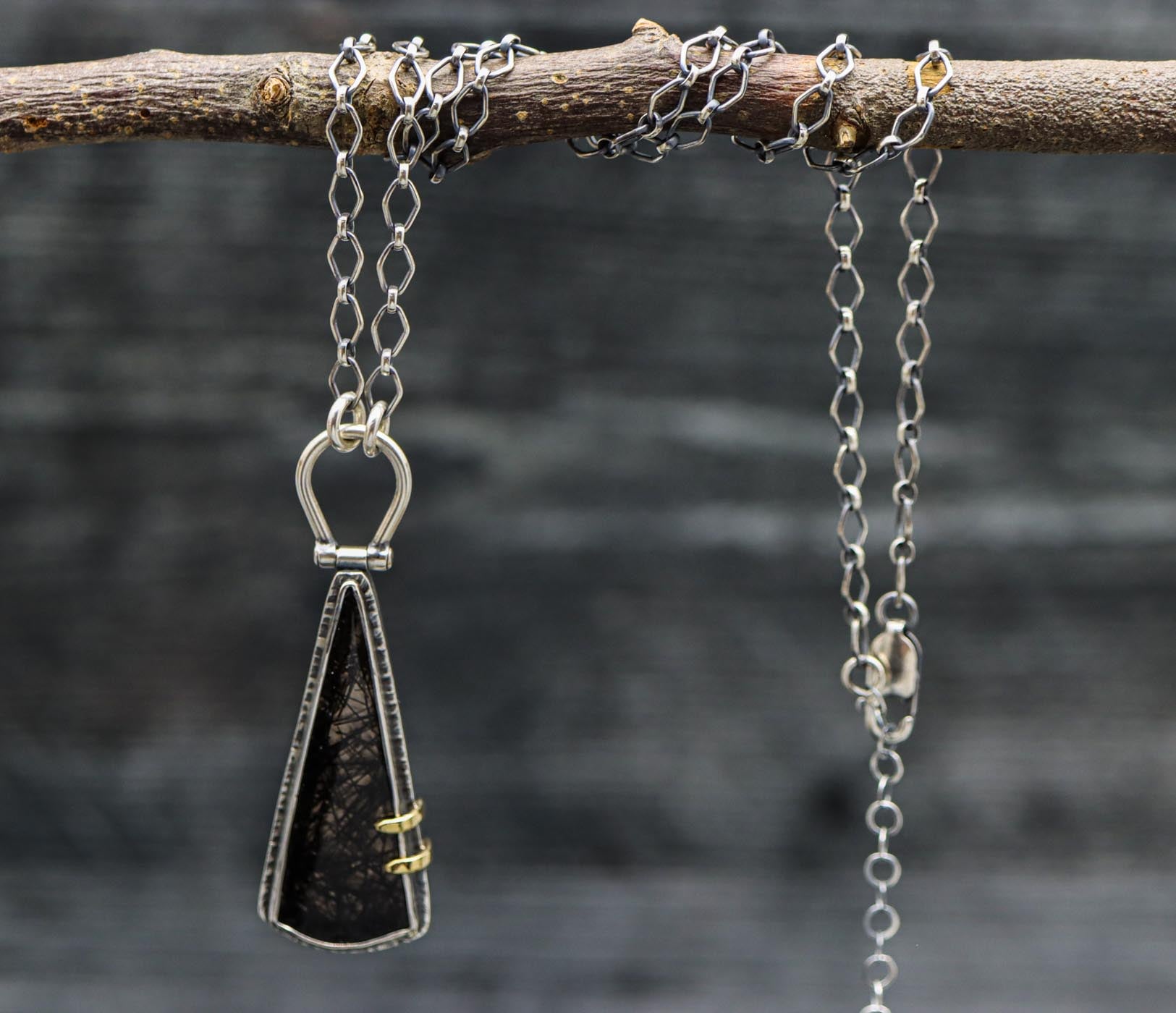 Tourmalinated Quartz Pendant with Hinged Bail in Sterling Silver and 18k Gold