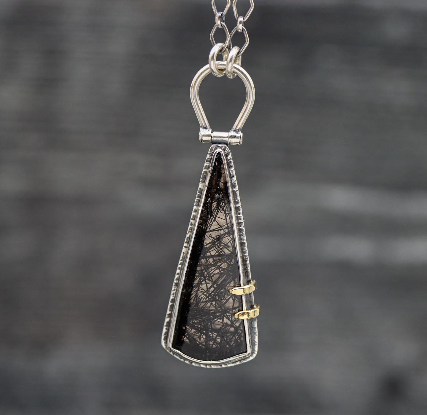 Tourmalinated Quartz Pendant with Hinged Bail in Sterling Silver and 18k Gold