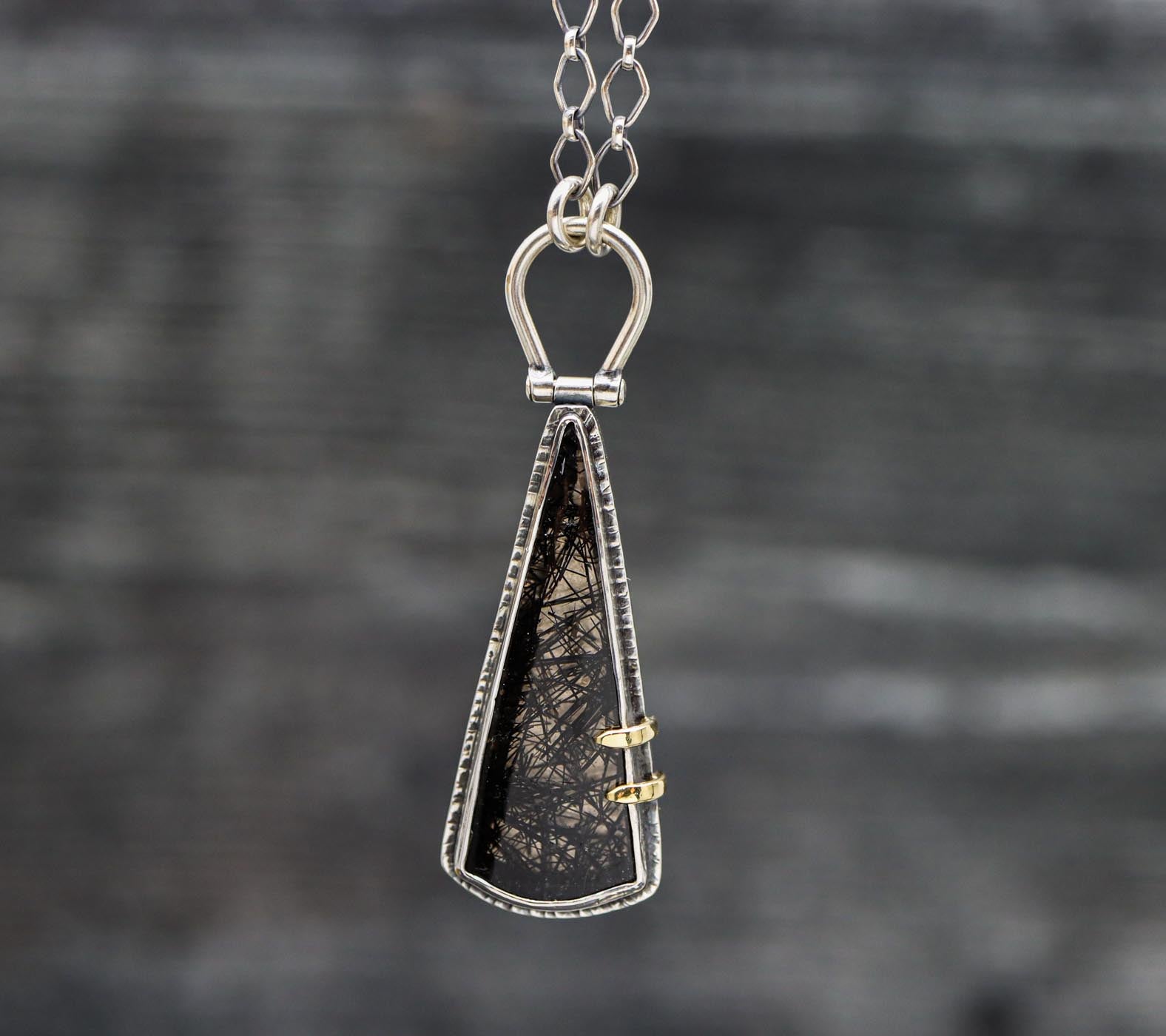 Tourmalinated Quartz Pendant with Hinged Bail in Sterling Silver and 18k Gold