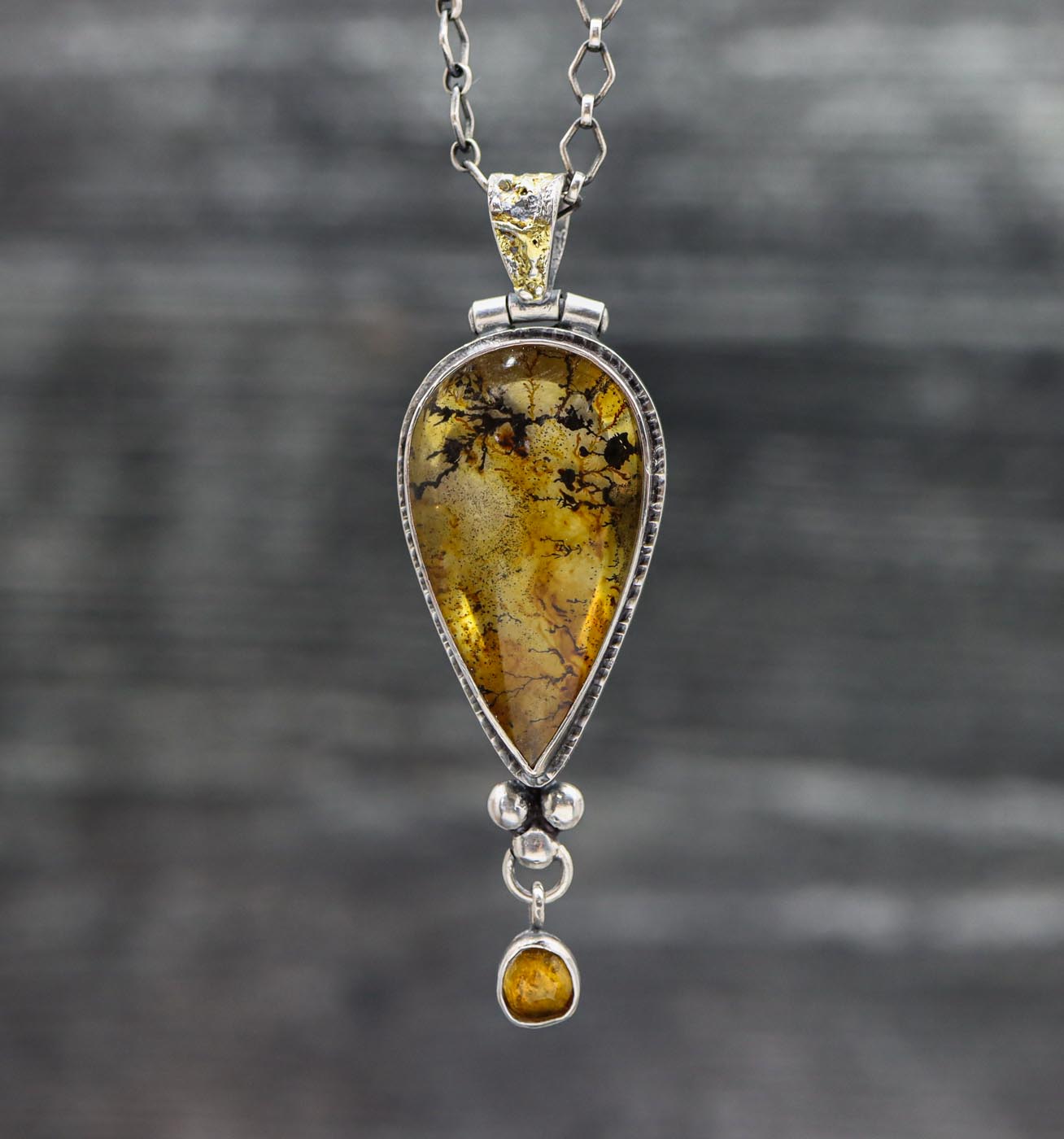 Golden Forest Pendant with Dendritic Quartz & Mandarin Citrine Sterling Silver & 22k