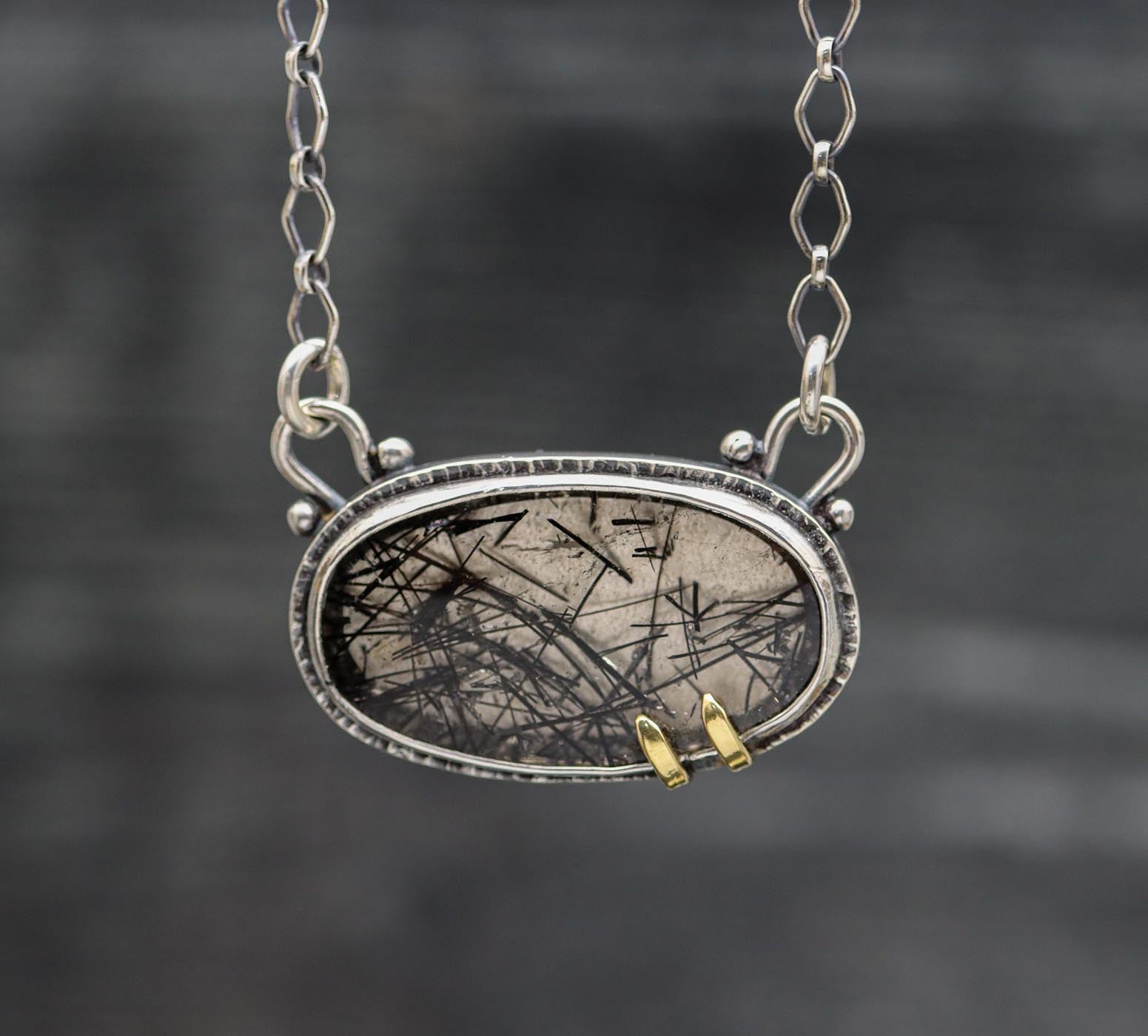 Black Tourmalinated Quartz Pendant Necklace Sterling Silver and 18k Gold