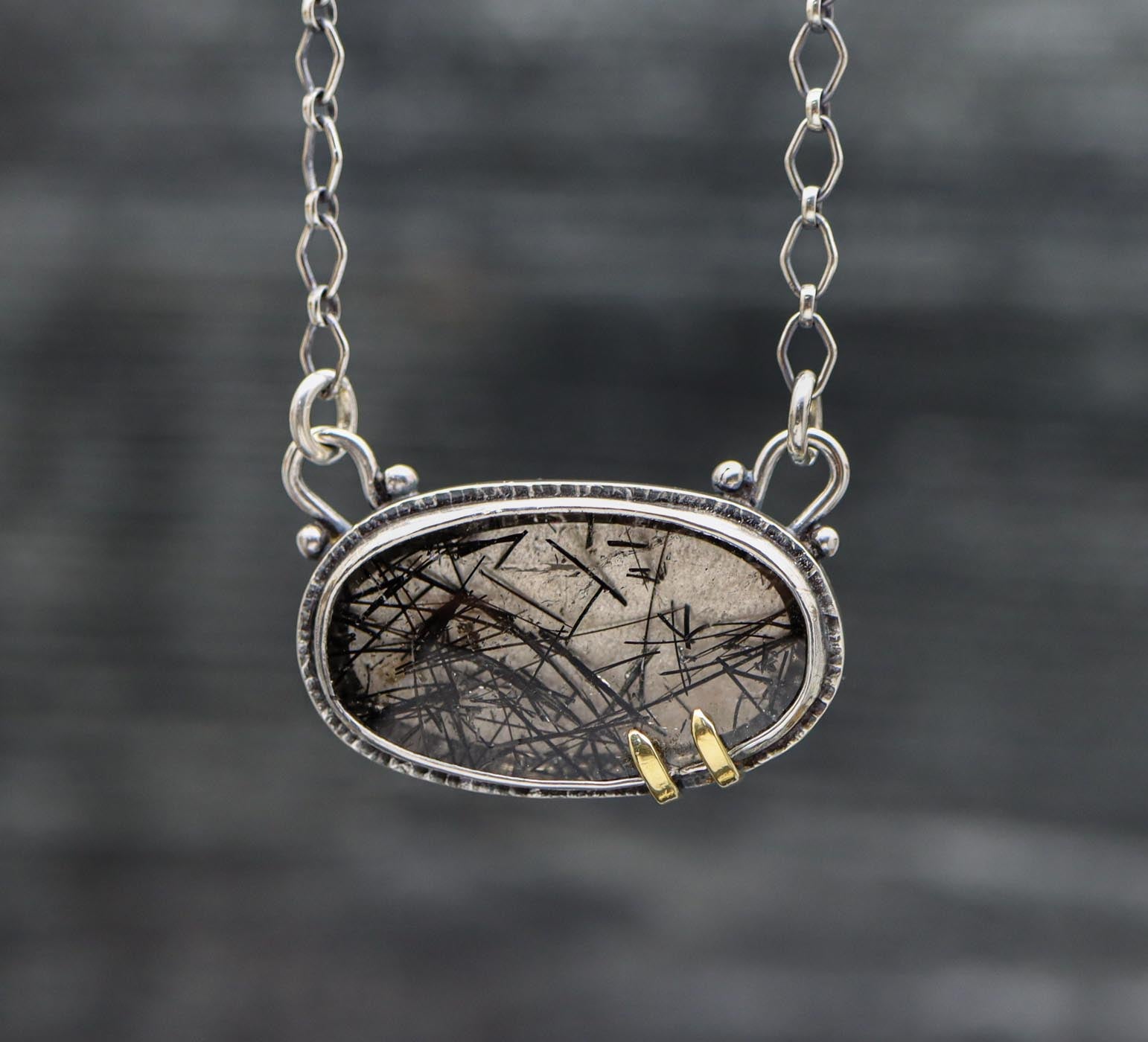 Black Tourmalinated Quartz Pendant Necklace Sterling Silver and 18k Gold