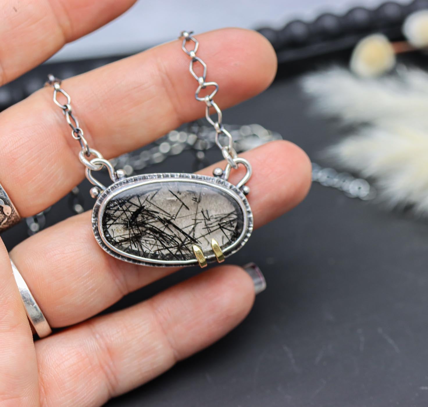 Black Tourmalinated Quartz Pendant Necklace Sterling Silver and 18k Gold