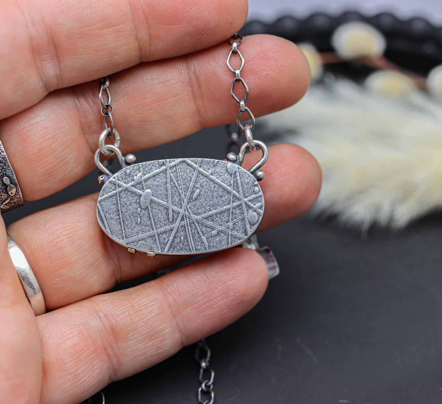 Black Tourmalinated Quartz Pendant Necklace Sterling Silver and 18k Gold