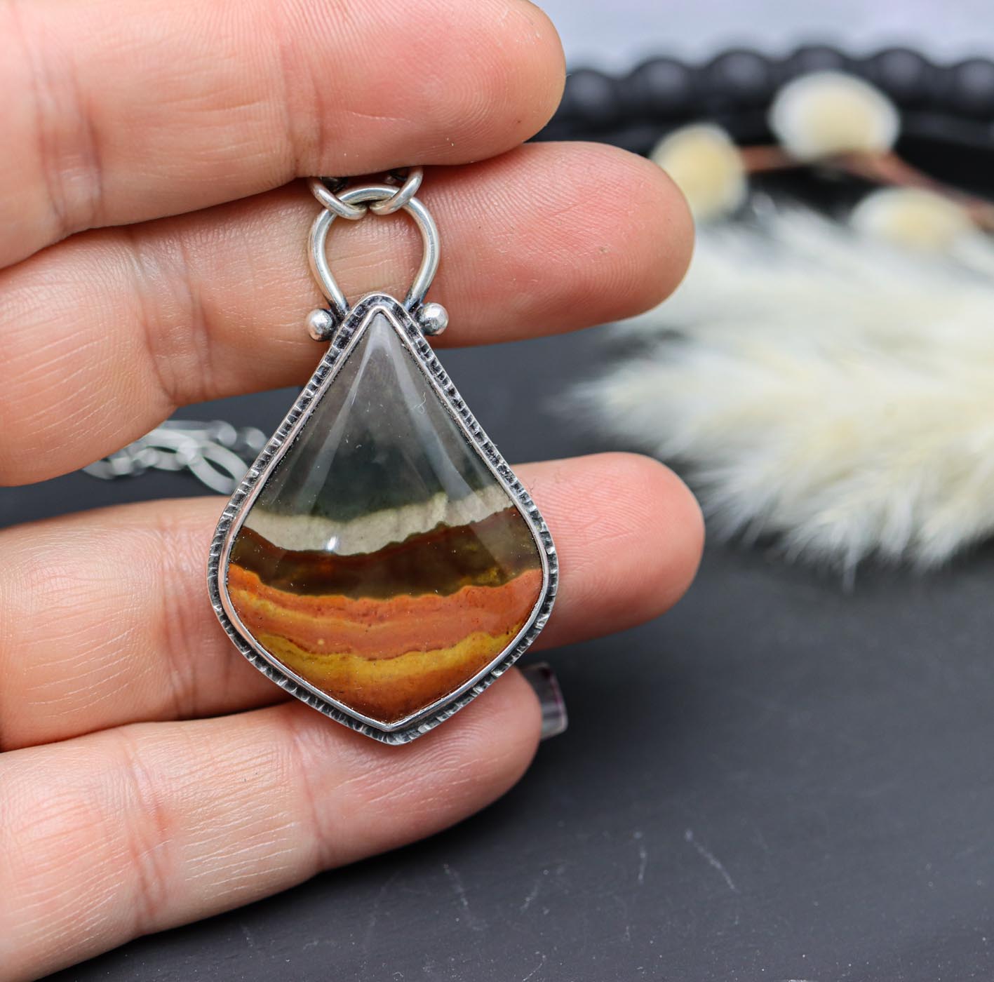 Polychrome Jasper Pendant Necklace in Sterling Silver