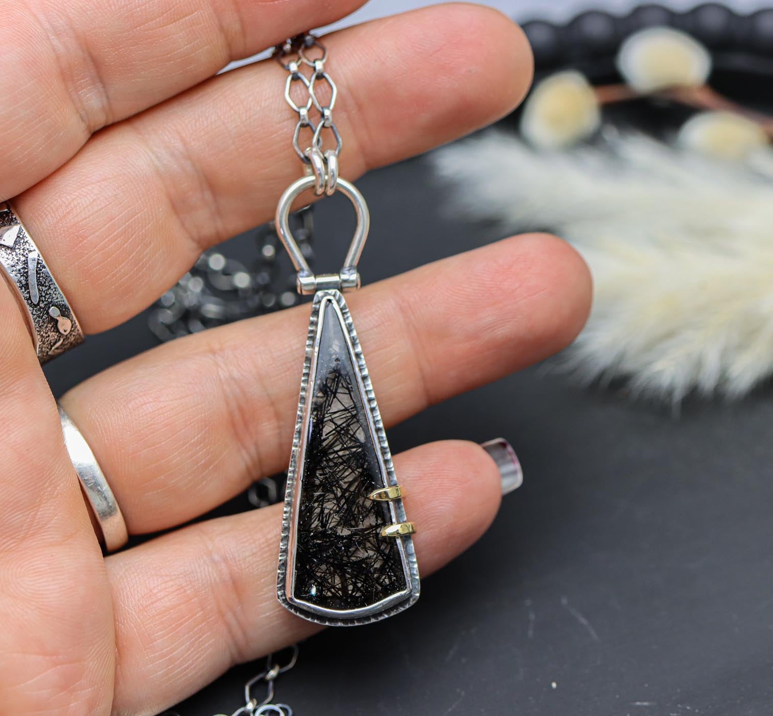 Tourmalinated Quartz Pendant with Hinged Bail in Sterling Silver and 18k Gold