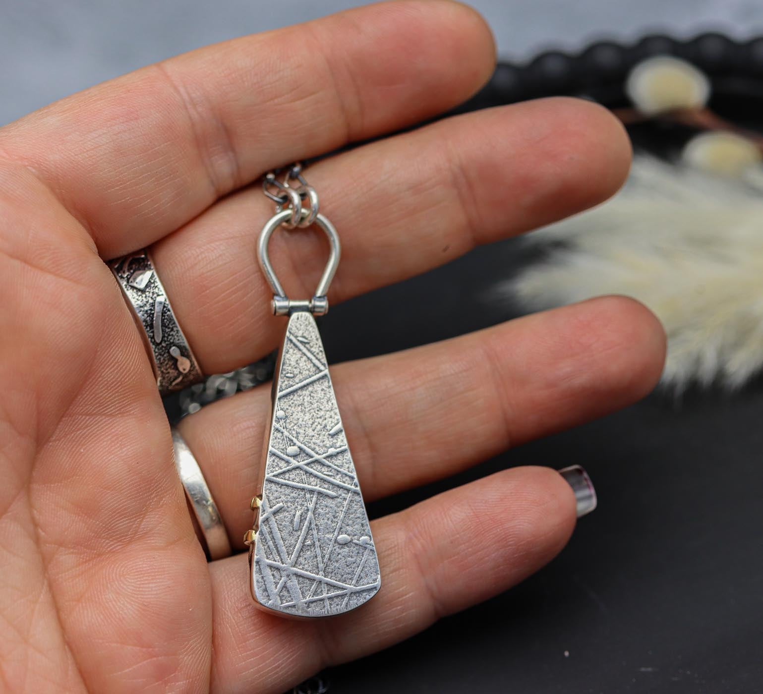 Tourmalinated Quartz Pendant with Hinged Bail in Sterling Silver and 18k Gold