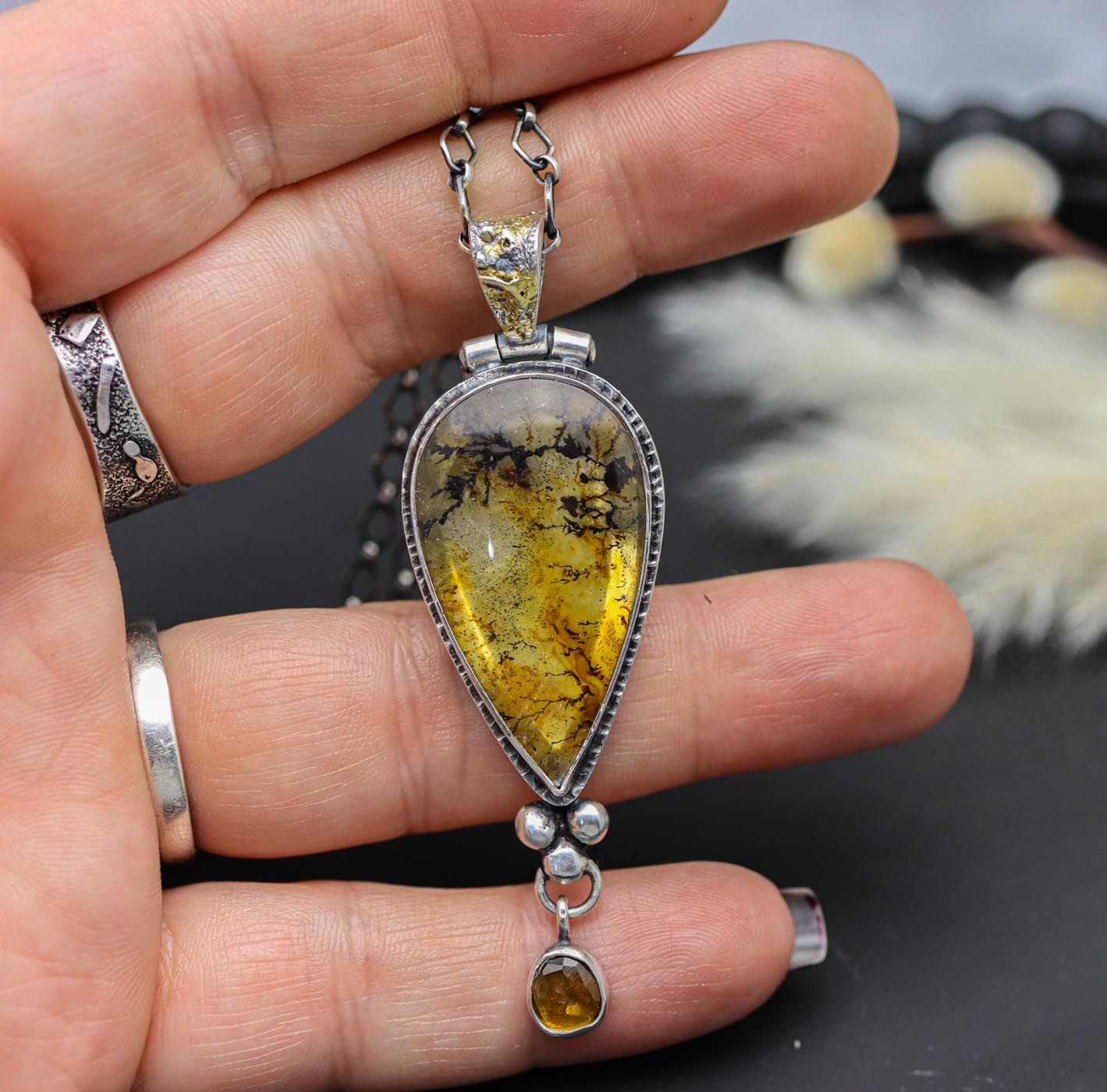Golden Forest Pendant with Dendritic Quartz & Mandarin Citrine Sterling Silver & 22k