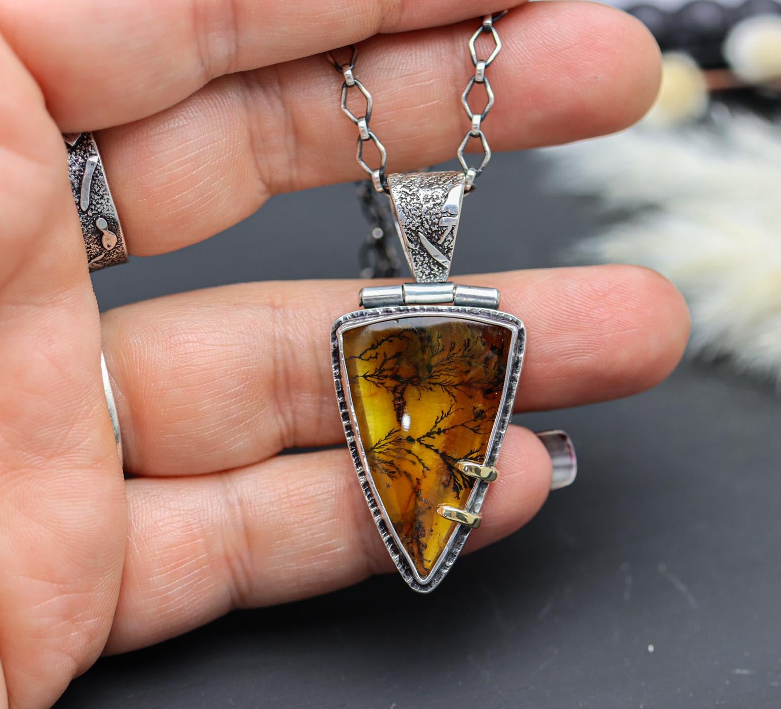 Dendritic Quartz Pendant in Sterling Silver and 18k Gold