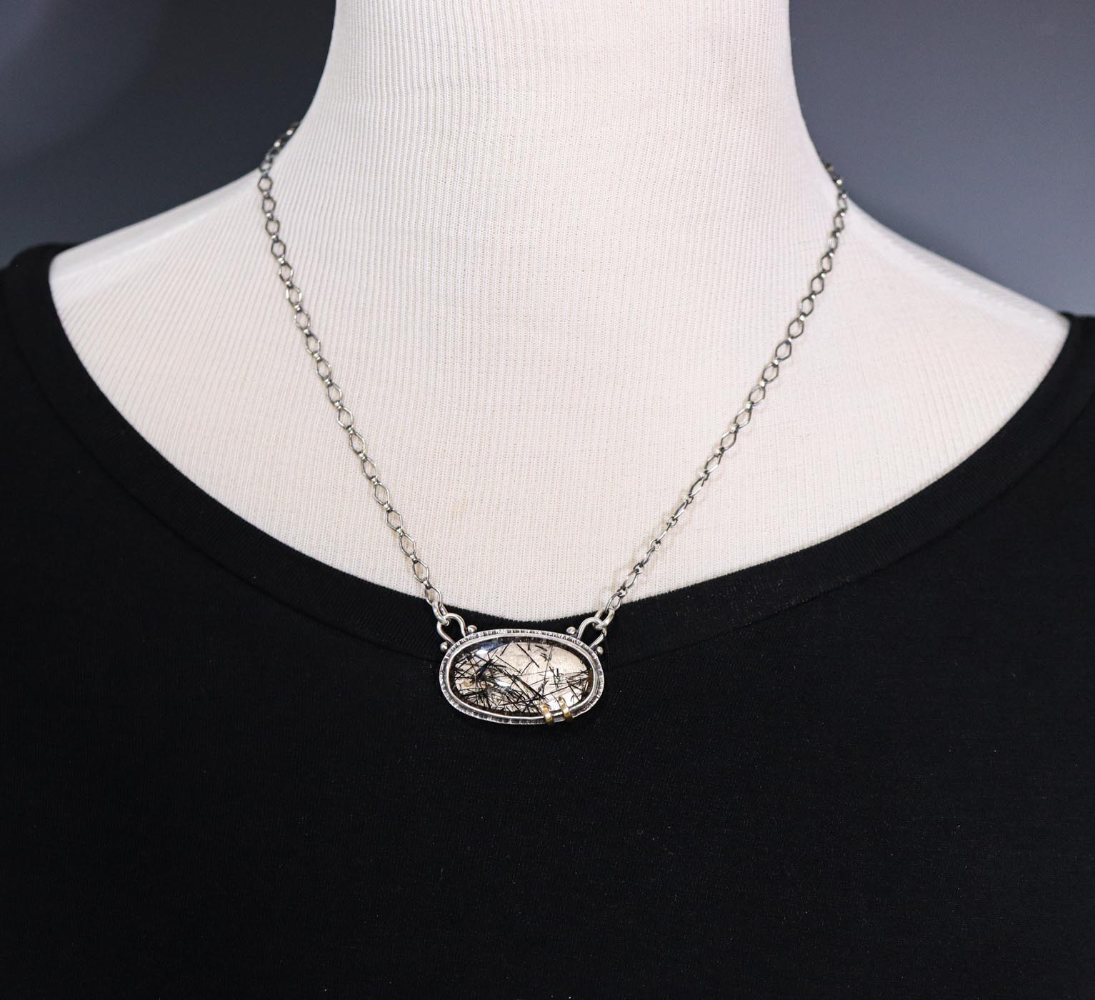 Black Tourmalinated Quartz Pendant Necklace Sterling Silver and 18k Gold