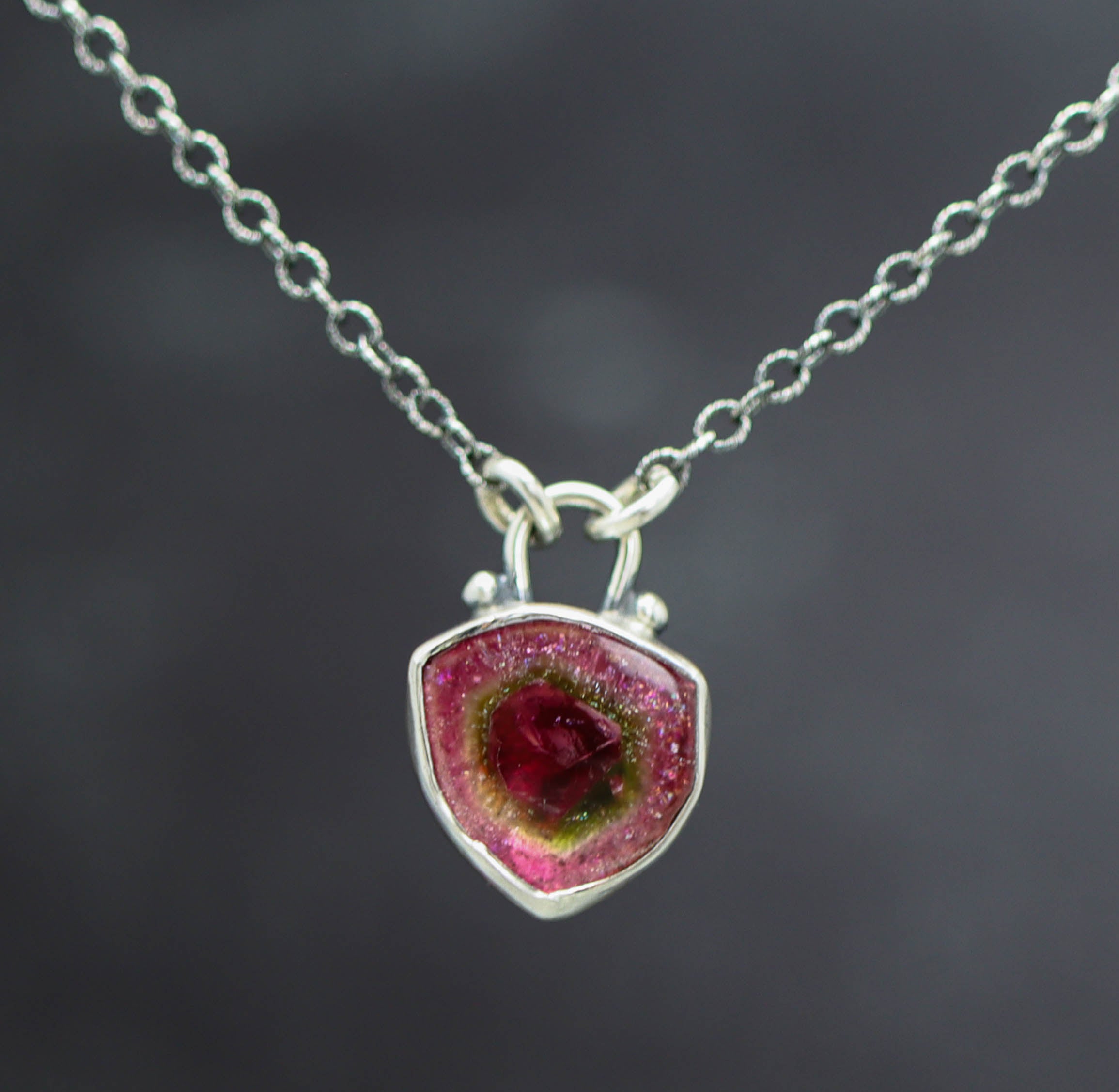 Watermelon Tourmaline Slice Pendant Necklace in Sterling Silver