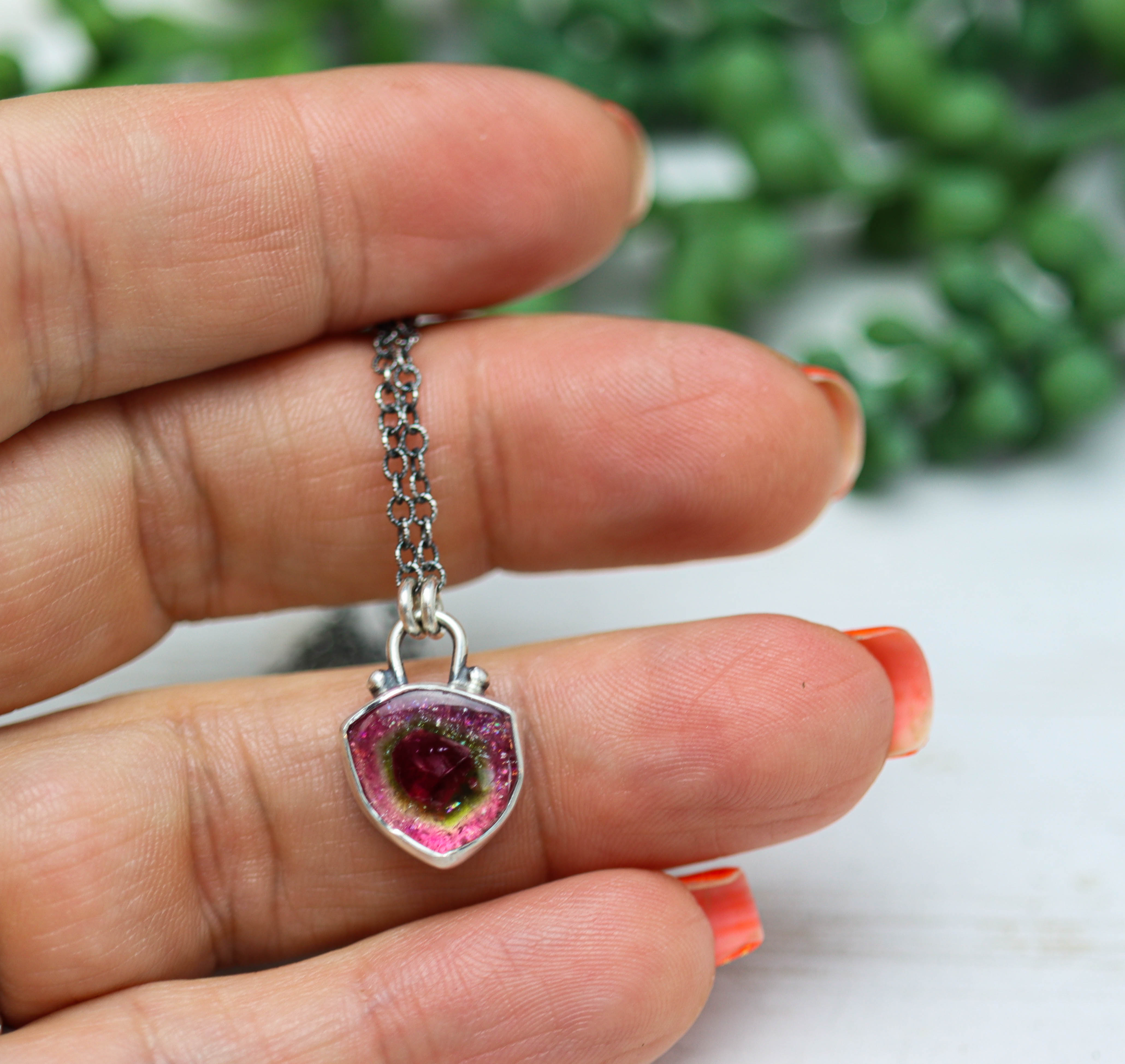 Watermelon Tourmaline Slice Pendant Necklace in Sterling Silver