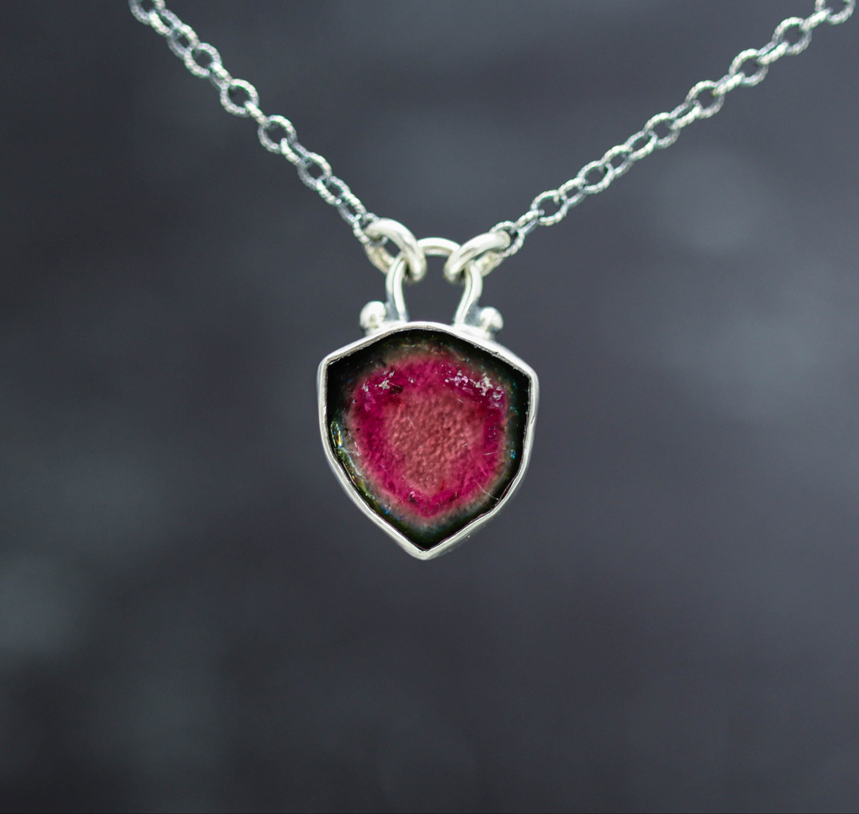 Watermelon Tourmaline Slice Pendant Necklace in Sterling Silver