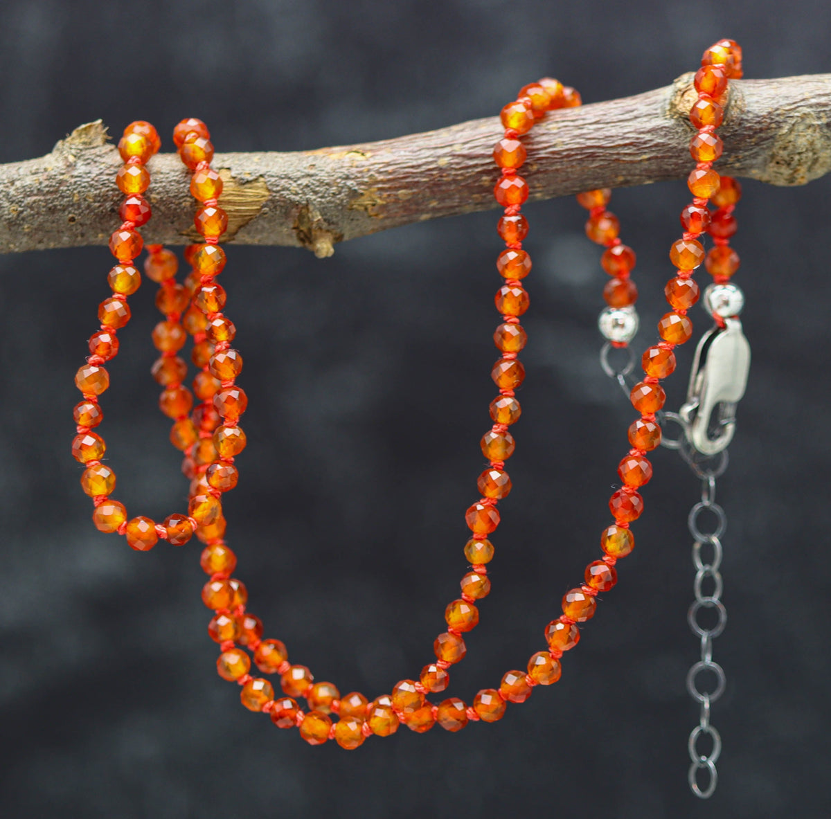 Juicy Orange Carnelian Hand Knotted Bead Necklace Sterling Silver
