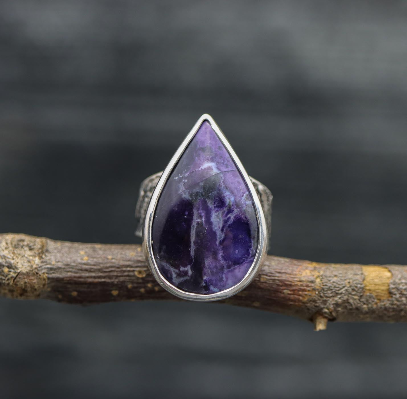 Three Stone Purple Charoite Wide Band Ring Sterling Silver
