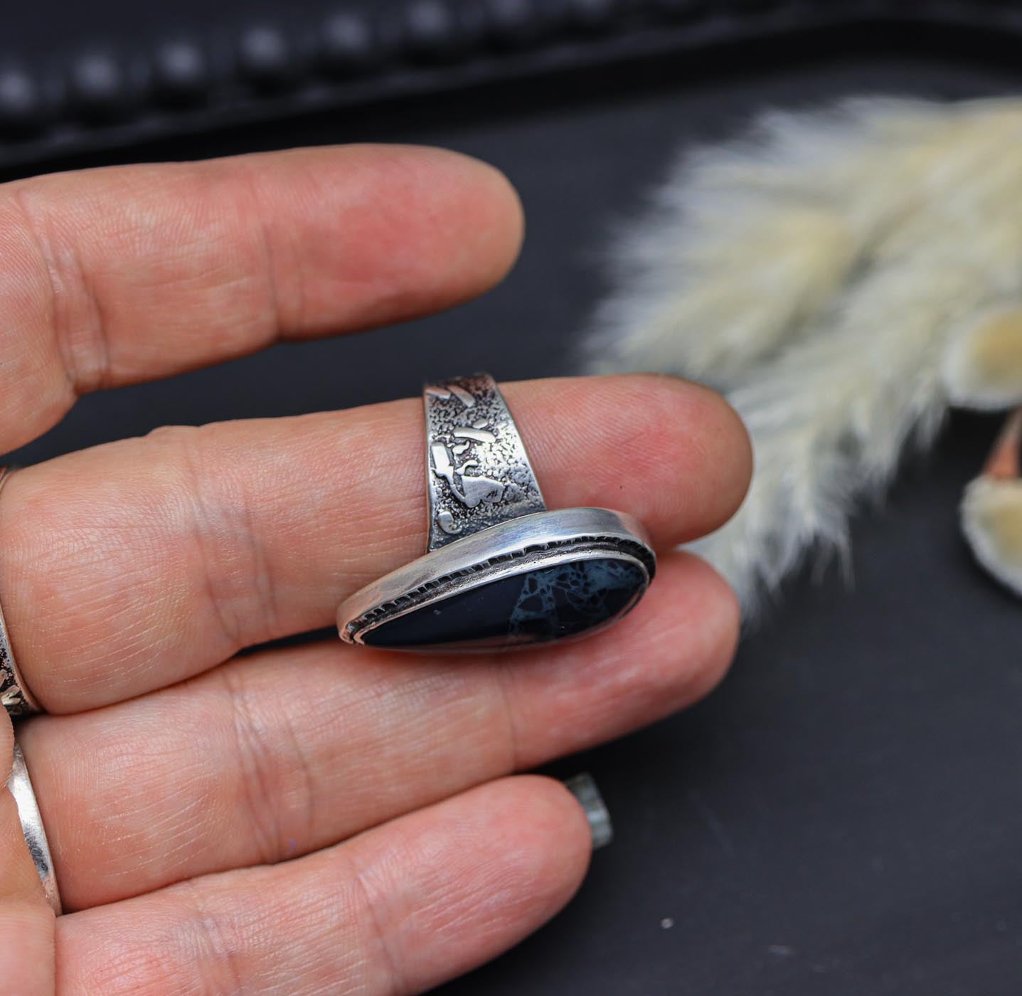 Spiderweb Obsidian Sterling Silver Wide Band Ring