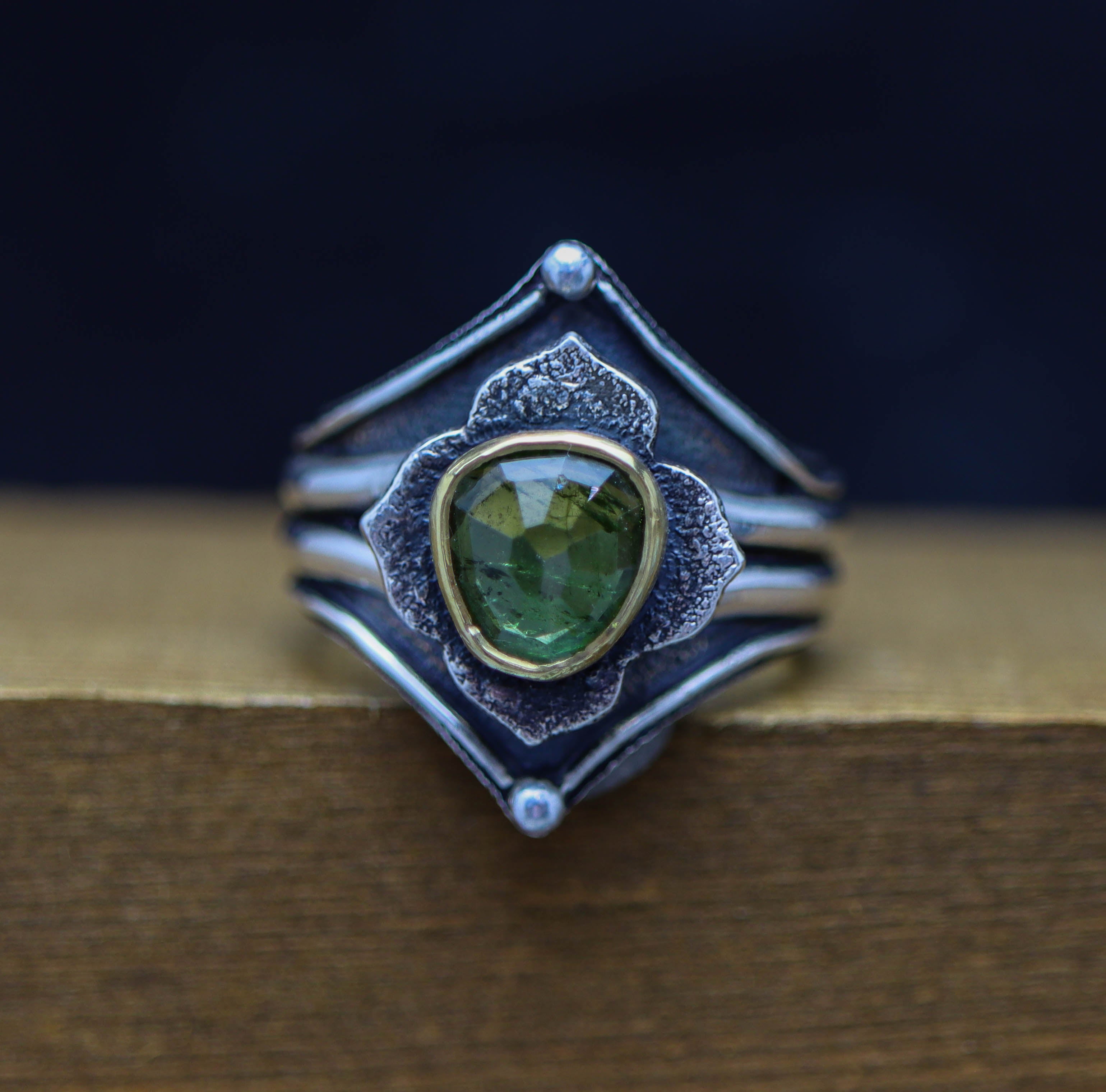 Green Tourmaline Architectural Platform Ring in Sterling Silver & 22k Gold