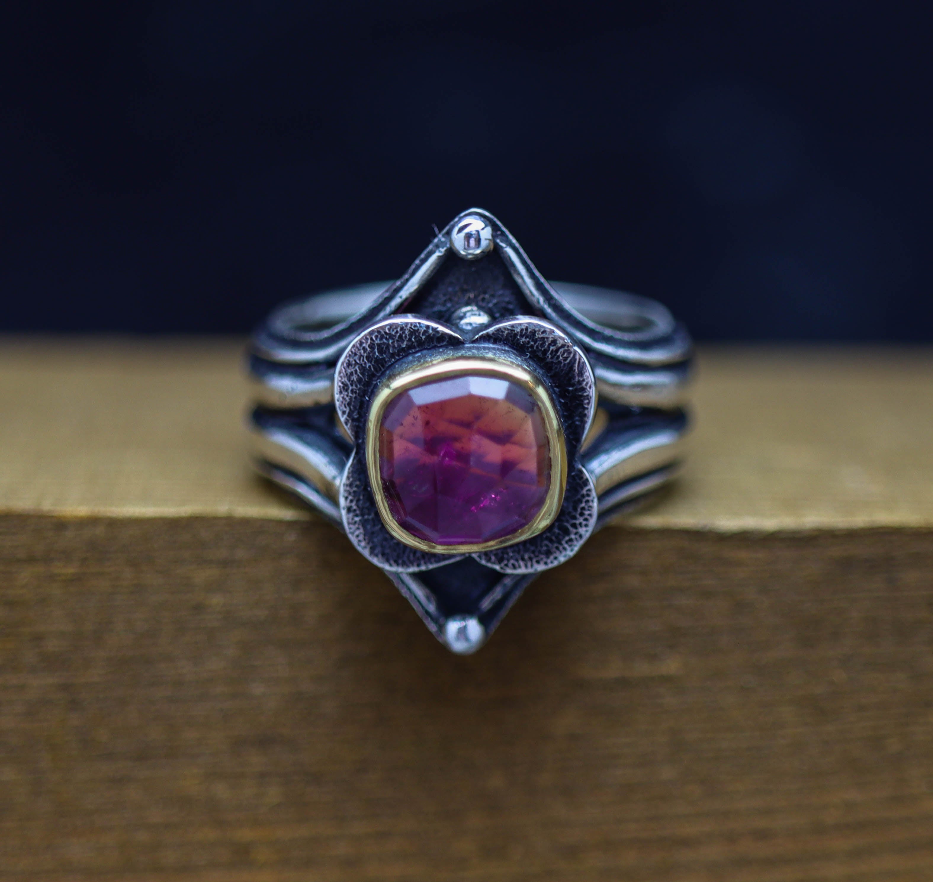 Pink Tourmaline Platform Ring Sterling Silver and 22k Gold Size 9.25