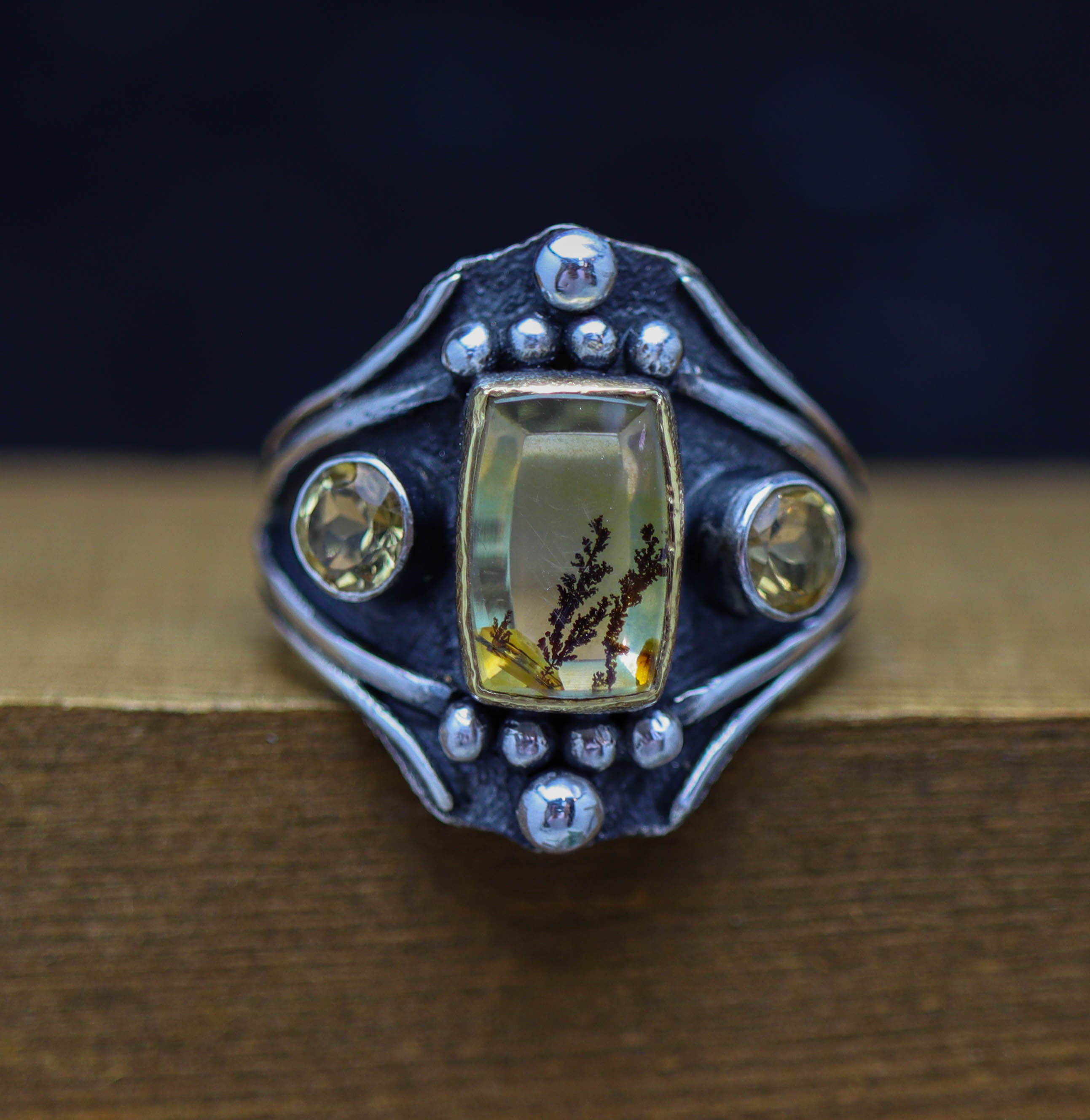 Dendritic Quartz & Citrine Architectural Ring in Sterling Silver & 22k Gold
