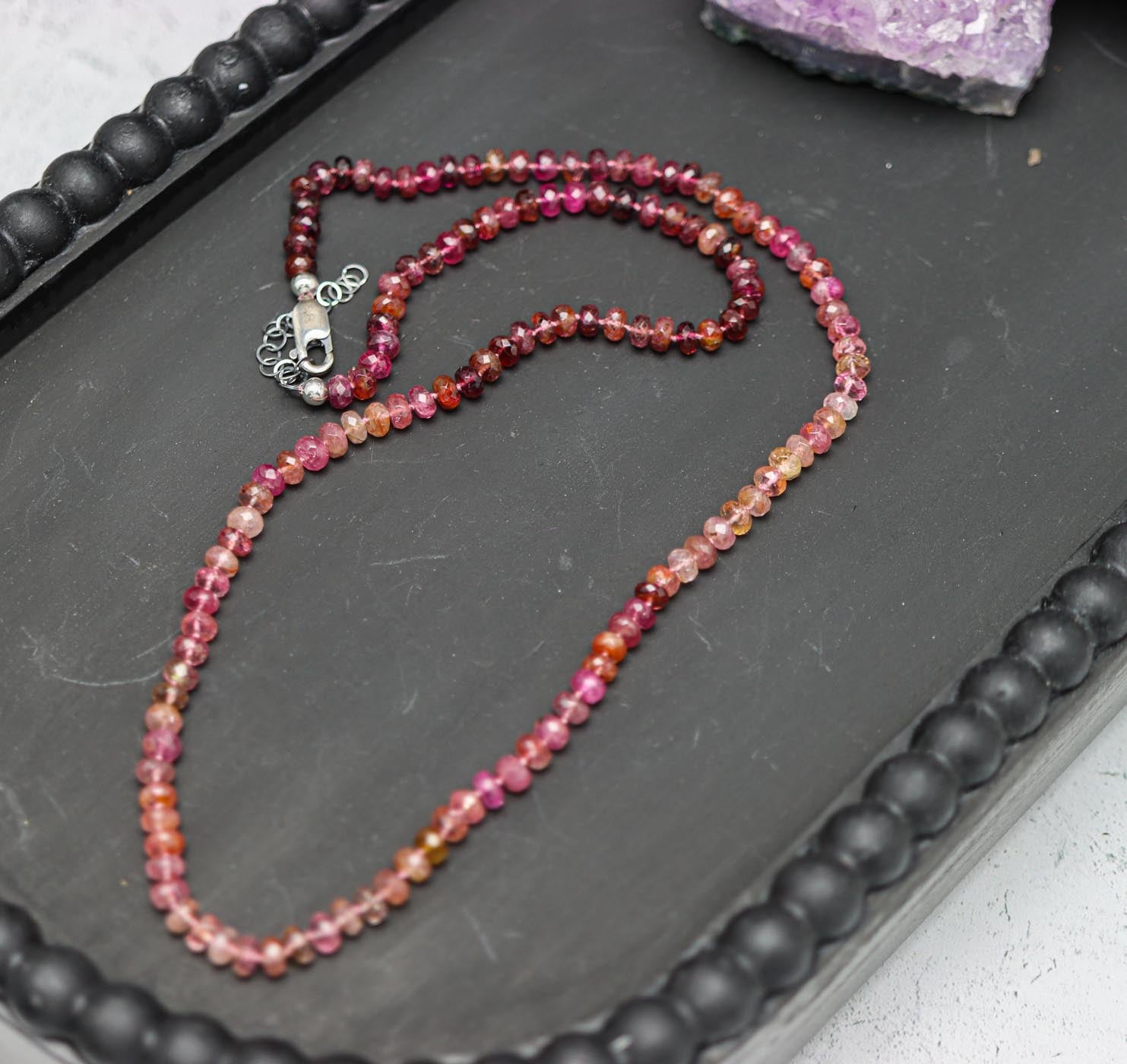 Pink Tourmaline Hand Knotted Bead Necklace Sterling Silver 20 Inches