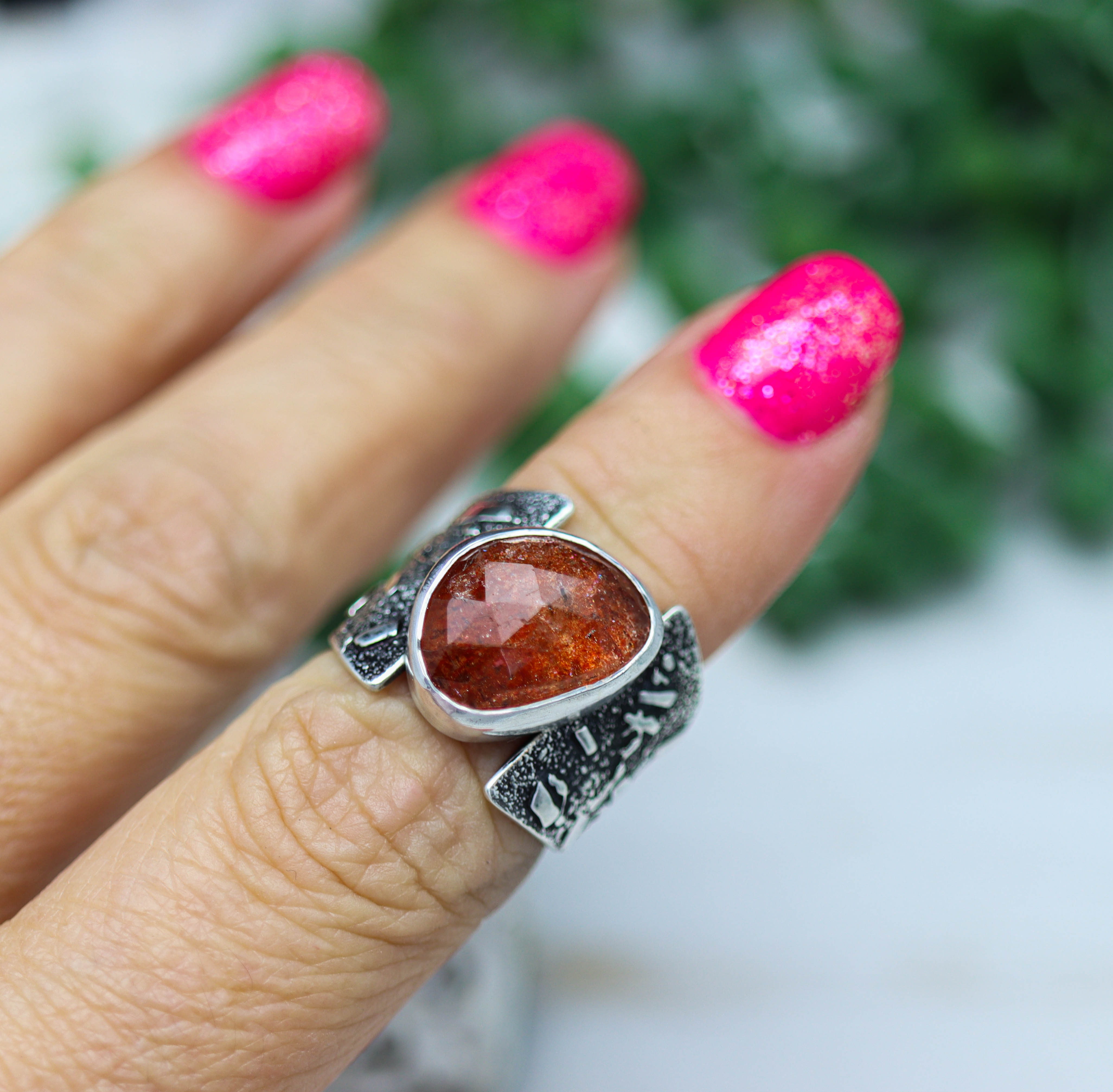 Rose Cut Sunstone Wide Band Ring in Sterling Silver