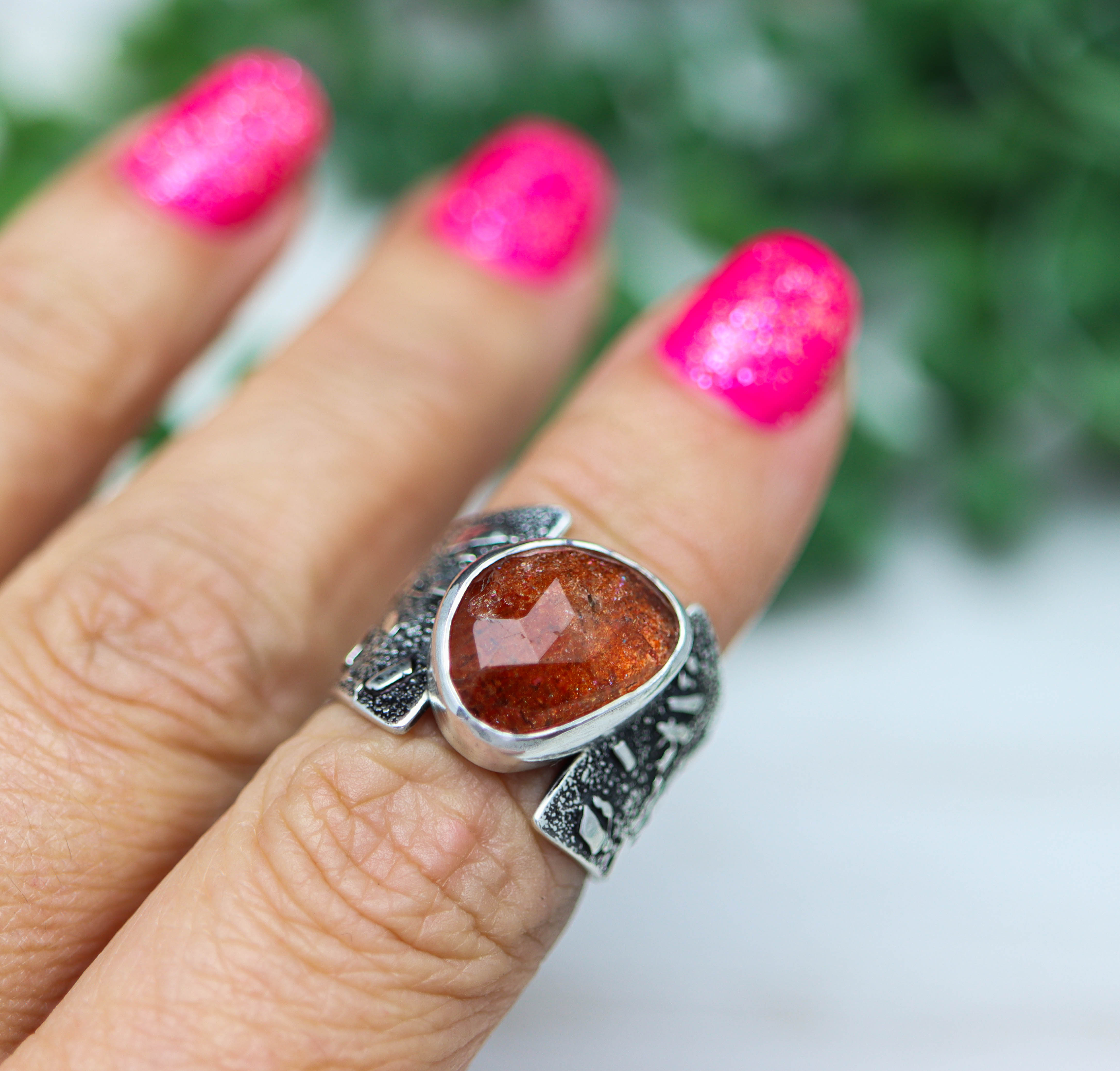 Rose Cut Sunstone Wide Band Ring in Sterling Silver