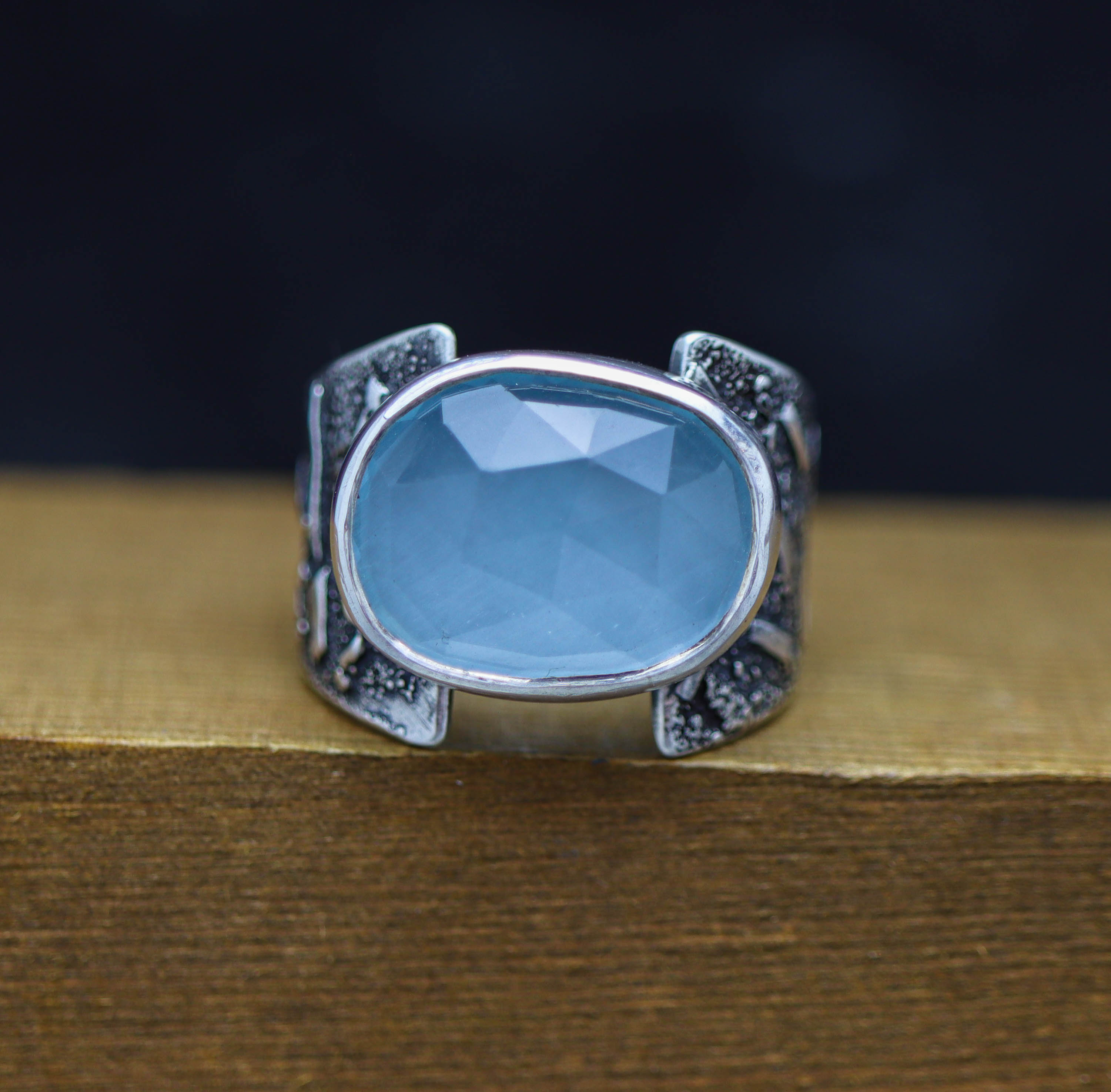 Aqua Chalcedony Sterling Silver Wide Band Ring