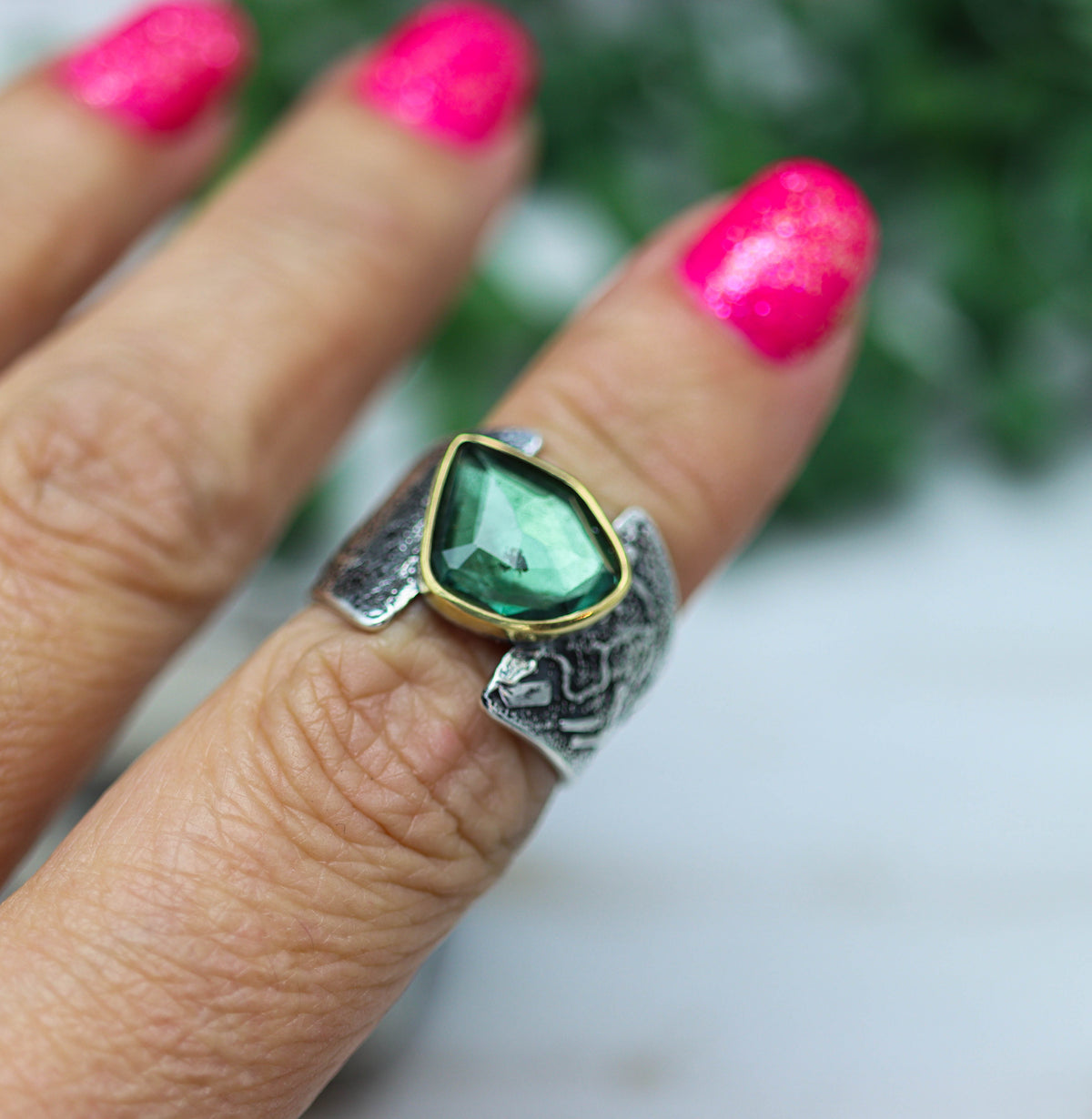 Blue-Green Tourmaline Ring in Sterling Silver & 22k Gold