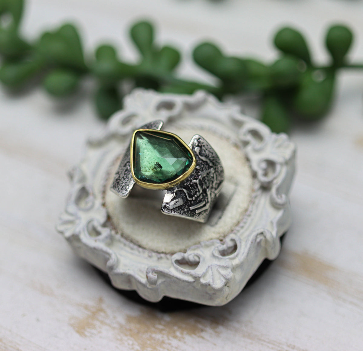 Blue-Green Tourmaline Ring in Sterling Silver & 22k Gold