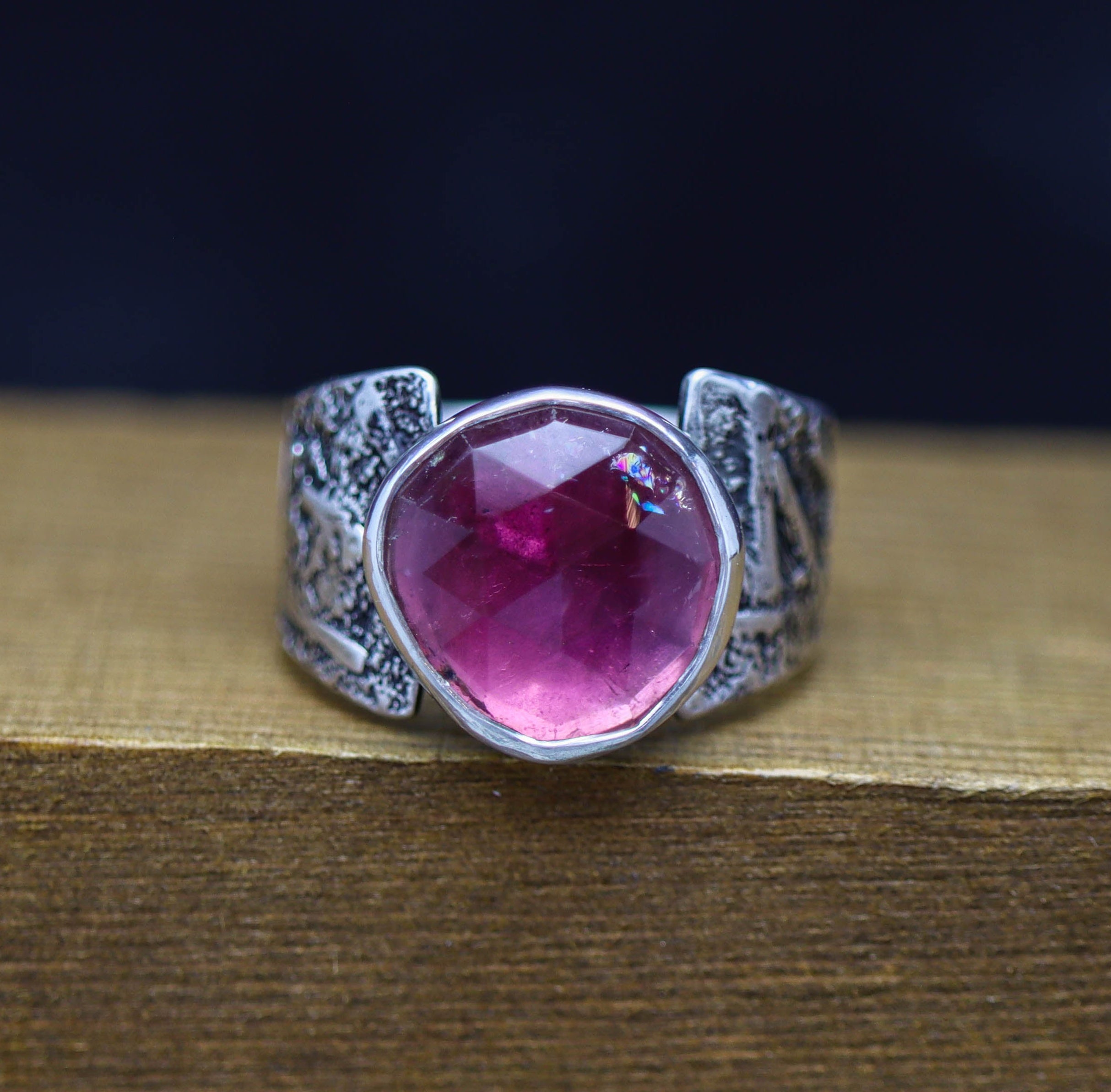 Pink Tourmaline Sterling Silver Wide Band Ring