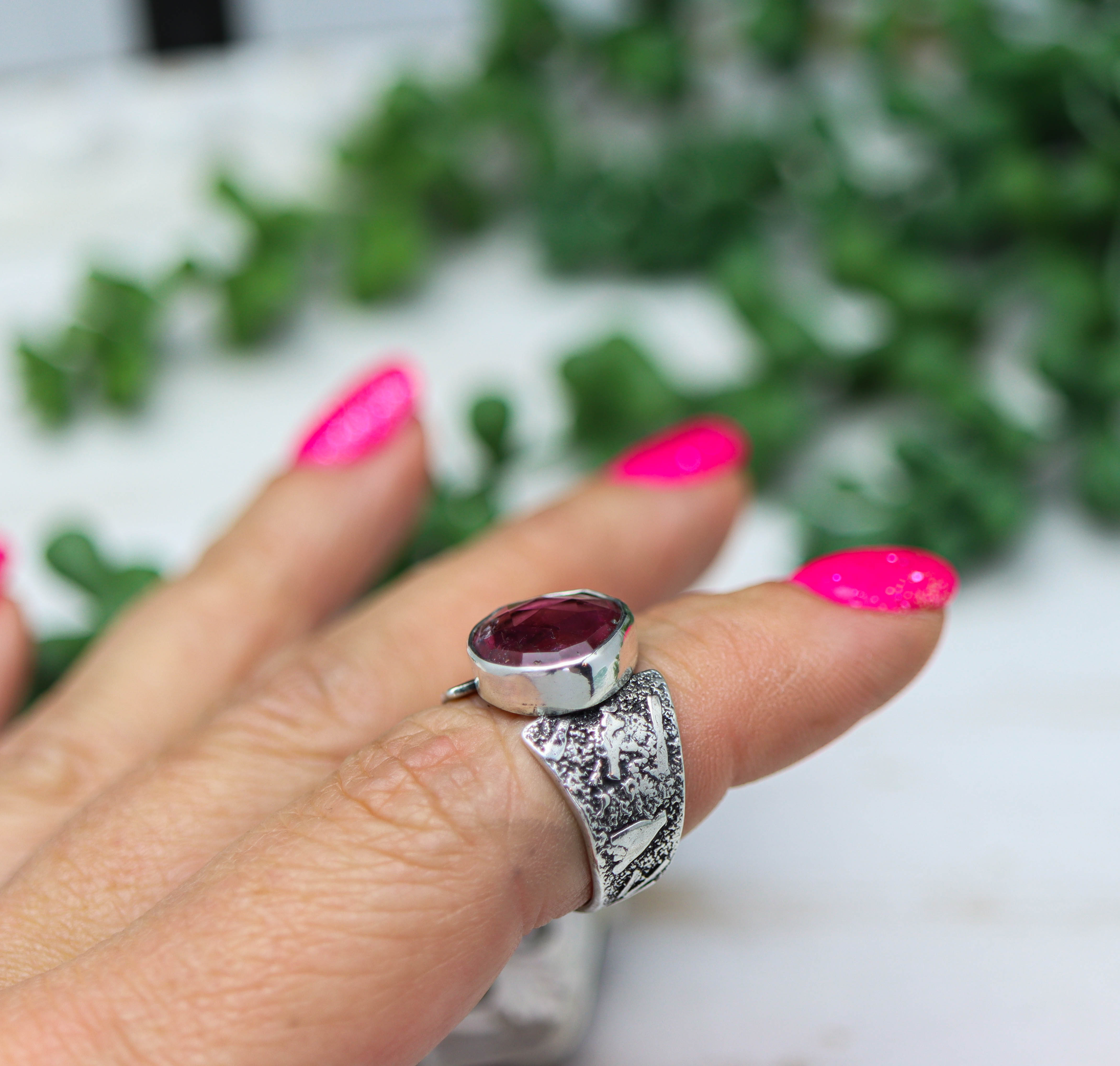 Pink Tourmaline Sterling Silver Wide Band Ring