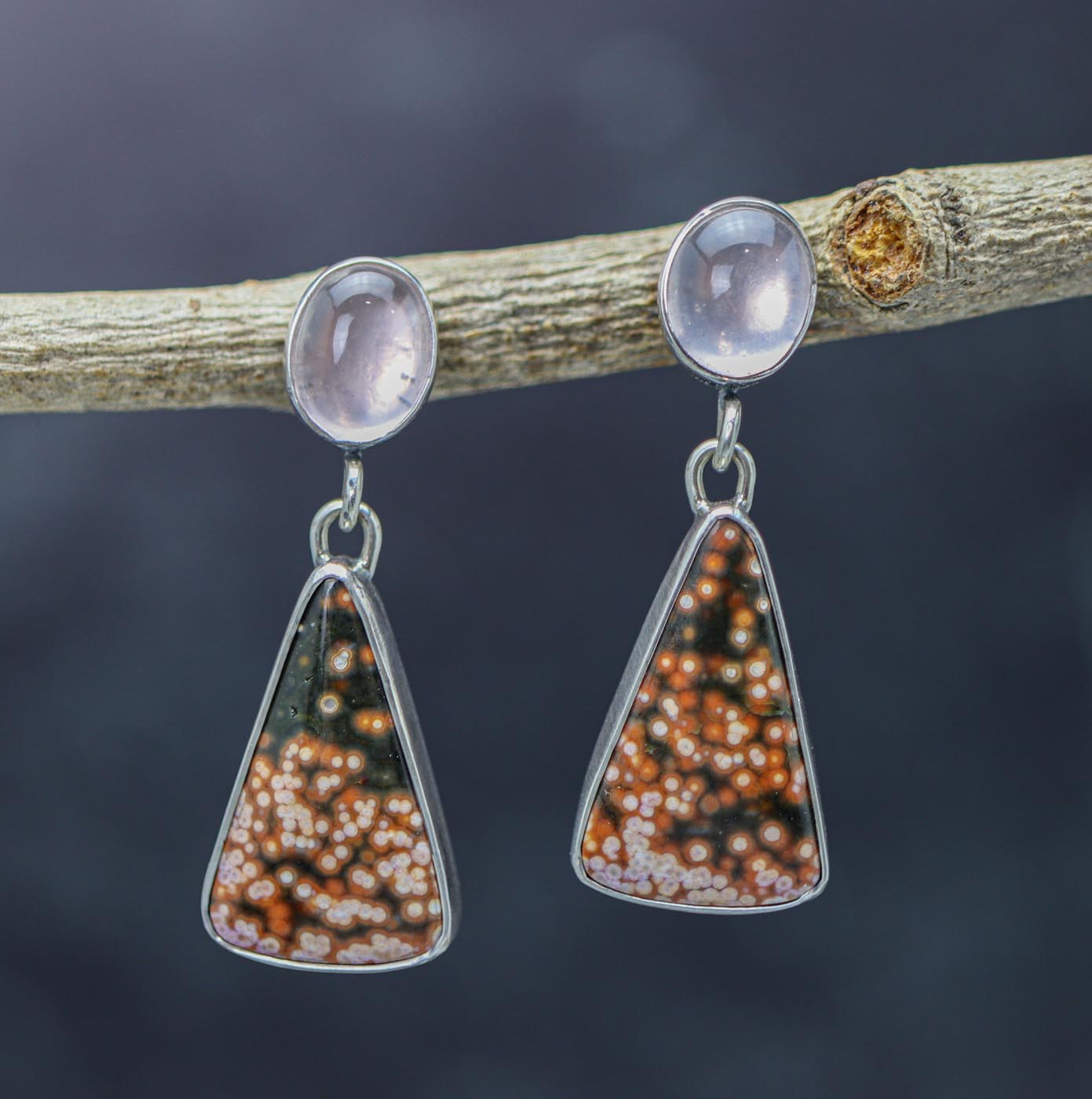 Ocean Jasper and Rose Quartz Dangle Earrings Sterling Silver