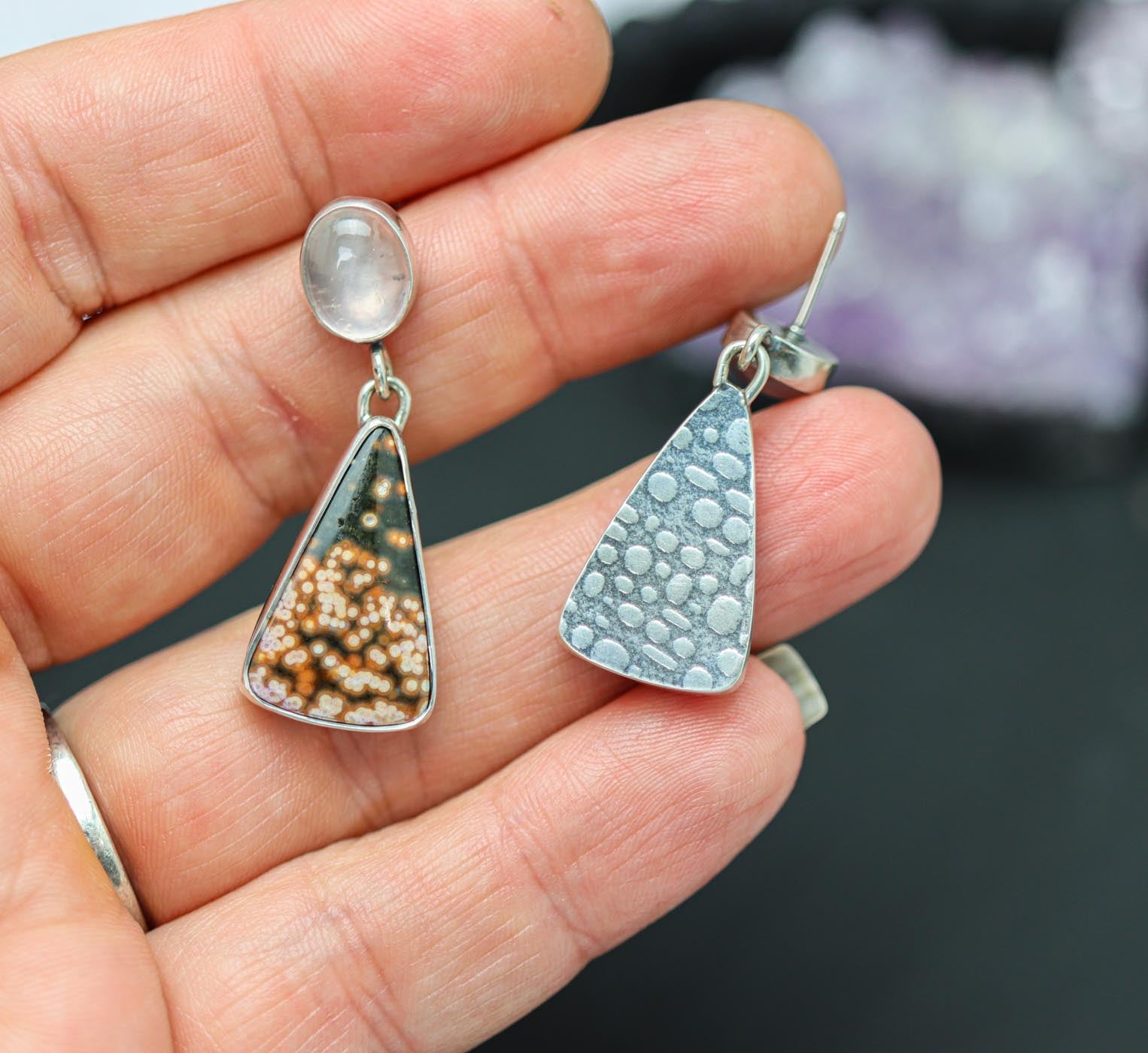 Ocean Jasper and Rose Quartz Dangle Earrings Sterling Silver