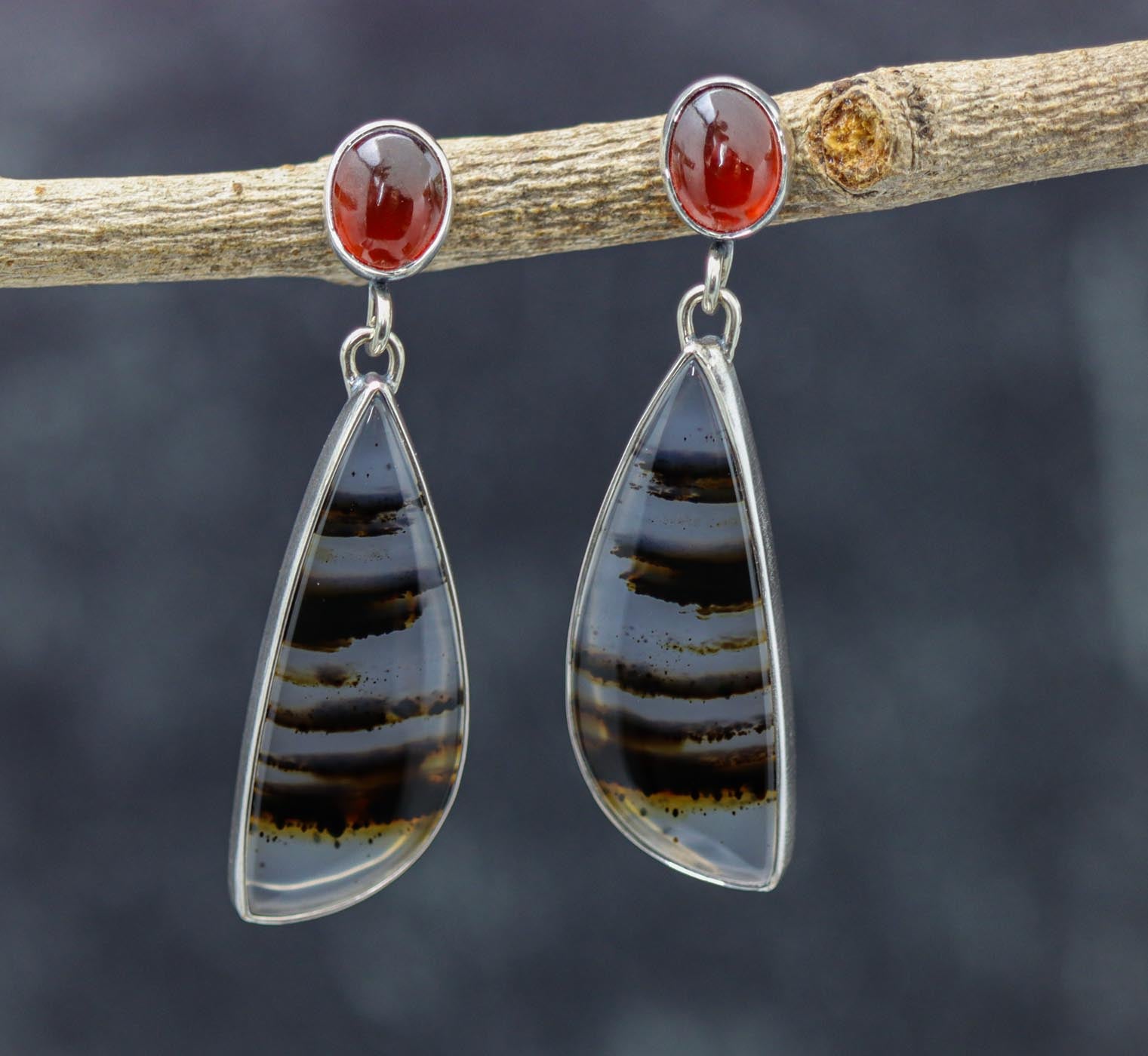 Montana Agate and Hessonite Garnet Dangle Earrings Sterling Silver