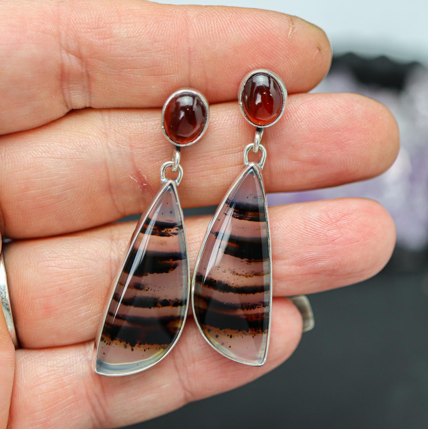 Montana Agate and Hessonite Garnet Dangle Earrings Sterling Silver